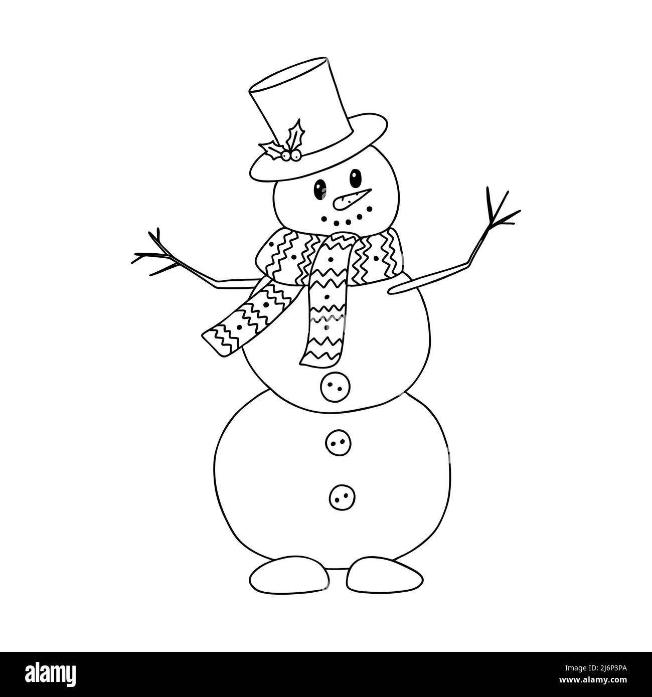 Schneemann im Schal und Zylinderhut im Doodle-Stil. Die Skizze ist von Hand gezeichnet und auf weißem Hintergrund isoliert. Element des neuen Jahres und Weihnachten Design. Stock Vektor