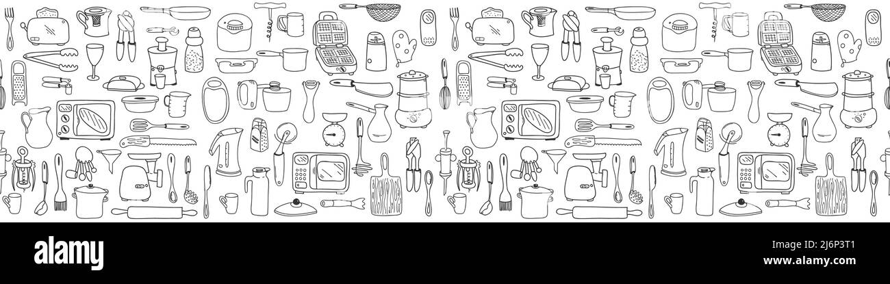 Nahtloses Muster mit Elementen von Küchenutensilien, Utensilien und Geräten. Schwarz-weißer Hintergrund für Menügestaltung, Broschüren, Webseiten. Doodle illus Stock Vektor