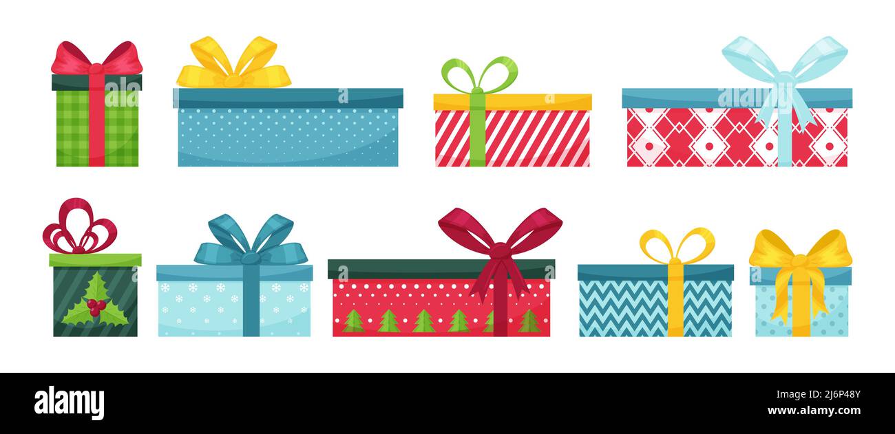 Set von Geschenkboxen mit Schleifen. Helle Boxen mit verschiedenen Mustern. Weihnachtsgeschenke auf Weiß isoliert. Designelemente für Broschüren, Flyer und Postc Stock Vektor