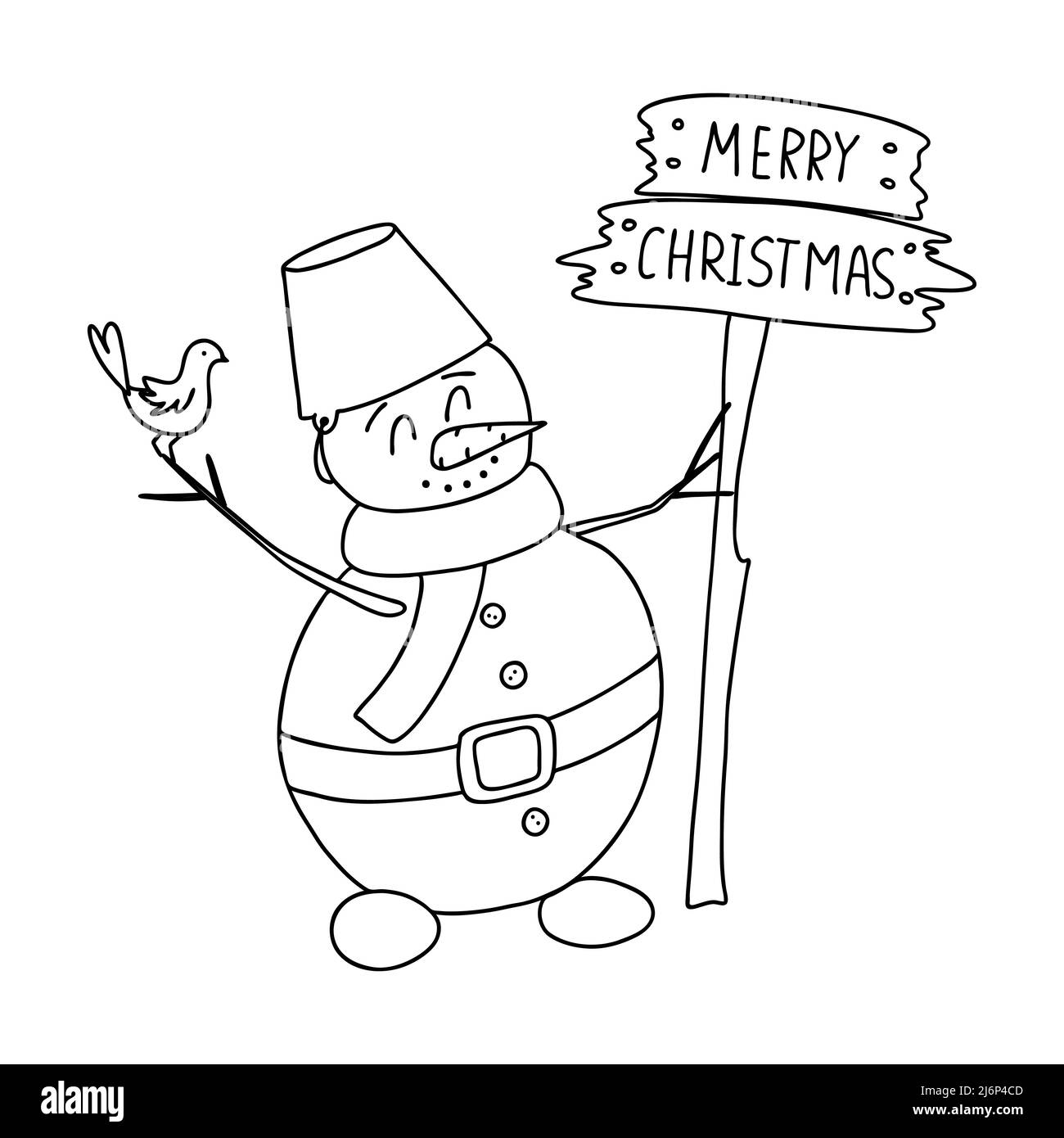 Schneemann im Schal mit Holzschild Frohe Weihnachten im Doodle-Stil. Die Skizze ist handgezeichnet und auf Weiß isoliert. Element des neuen Jahres und Design. Stock Vektor