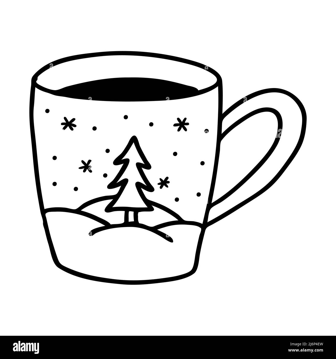 Eine Tasse Tee und ein Wintermuster mit einer einfachen Tanne. Doodle-Stil. Die Skizze ist handgezeichnet und auf Weiß isoliert. Element des neuen Jahres und Weihnachten d Stock Vektor