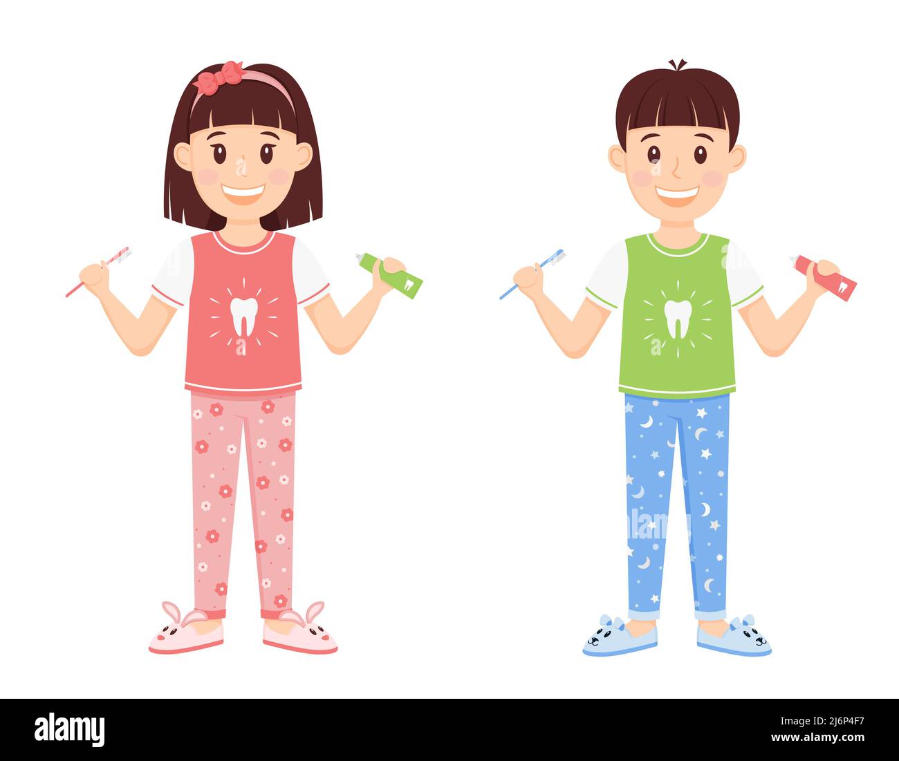 Kinder Junge und Mädchen im Schlafanzug stehen mit Zahnpasta und einem Pinsel. Niedliche Comic-Figuren lächeln. Pflege für die Zahngesundheit, einen gesunden Lebensstil. Stock Vektor