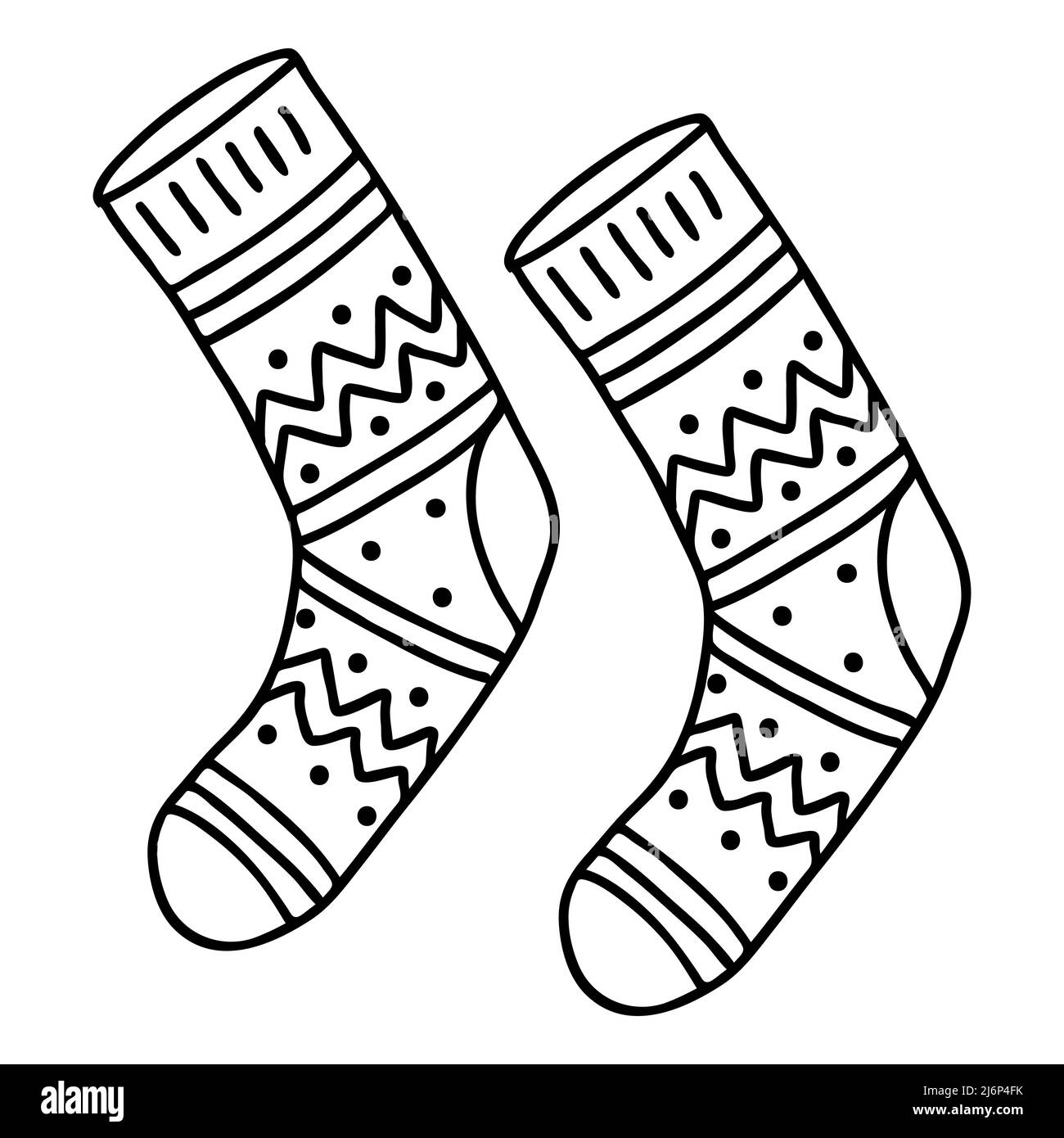 Ein Paar warme Socken mit einem Doodle-Muster. Die Skizze ist von Hand gezeichnet und auf weißem Hintergrund isoliert. Element des neuen Jahres und Weihnachten Design. Aus Stock Vektor