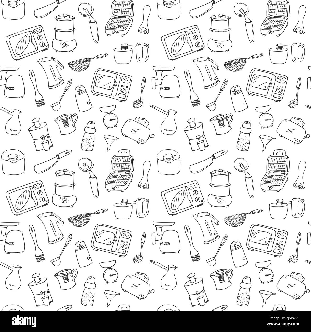 Nahtloses Muster mit Elementen von Küchenutensilien, Utensilien und Geräten. Schwarz-weißer Hintergrund für Menügestaltung, Broschüren, Webseiten. Doodle illus Stock Vektor