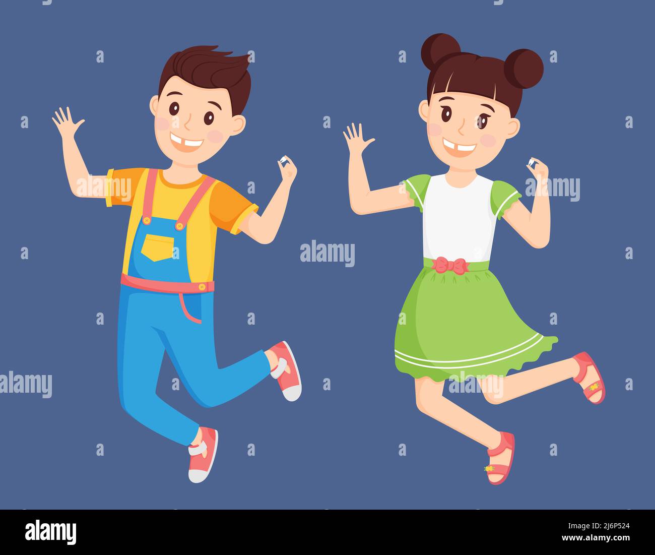Kinder ein Junge in einem Jumpsuit und ein Mädchen in einem Kleid springen mit einem gefallenen Zahn in der Hand. Nette Comic-Figuren sind glücklich und lächeln. Verlust des Stock Vektor