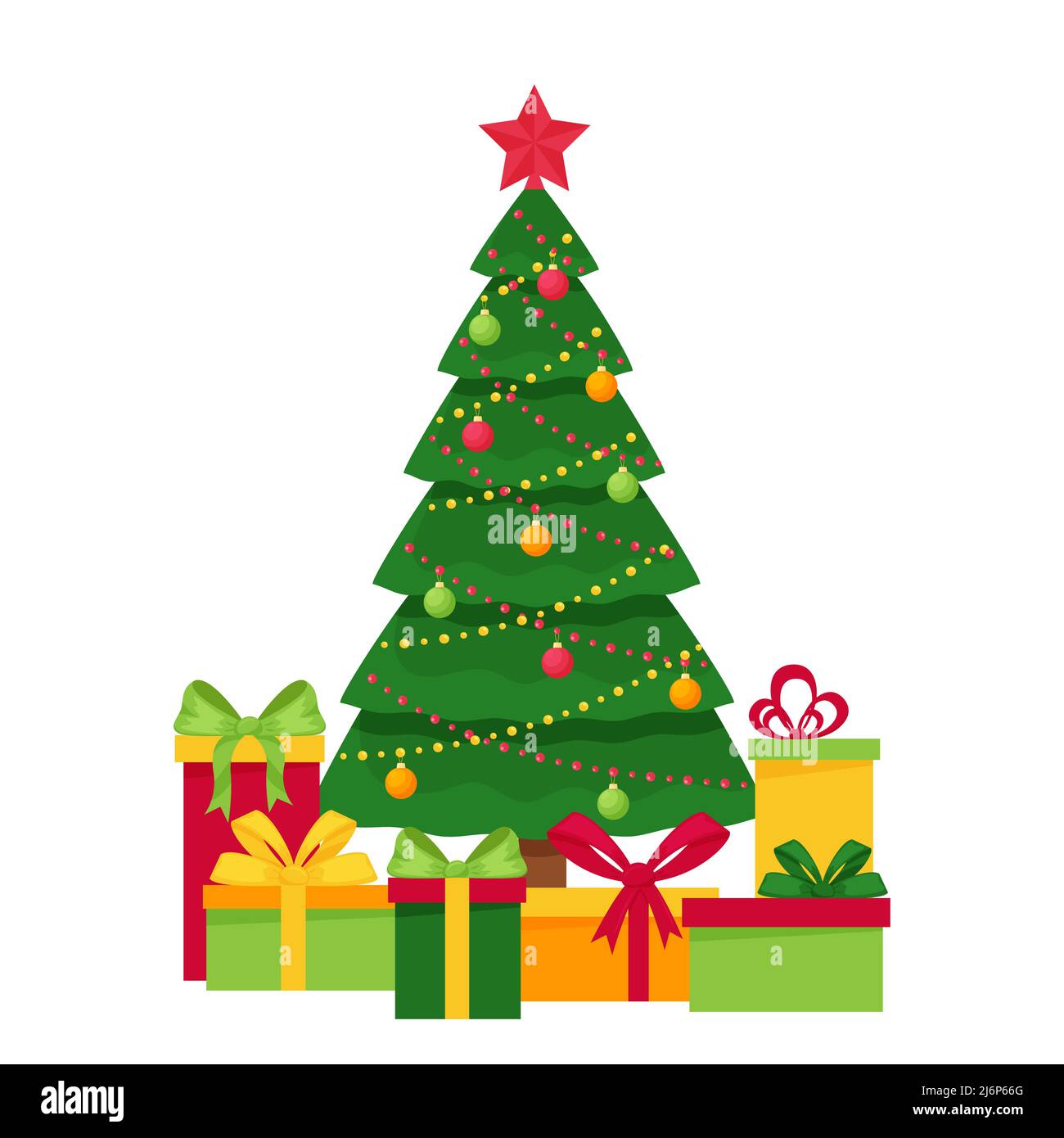 Geschmückter Weihnachtsbaum mit Spielzeug, Girlande und Stern.Geschenkboxen unter dem Baum. Element von Weihnachten und Neujahr-Design. Postkarte Vorlage. Vektor Stock Vektor