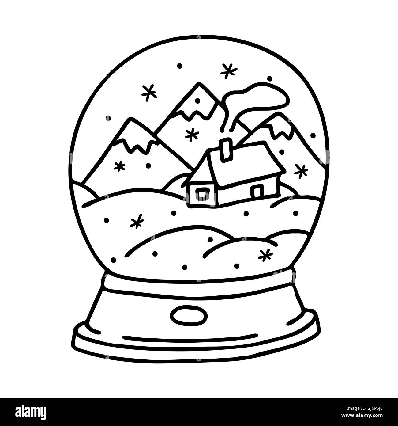 Schneekugel mit Haus und Bergen im Doodle-Stil. Die Skizze ist von Hand gezeichnet und auf weißem Hintergrund isoliert. Element des Weihnachtsdesigns. Gliederung Stock Vektor