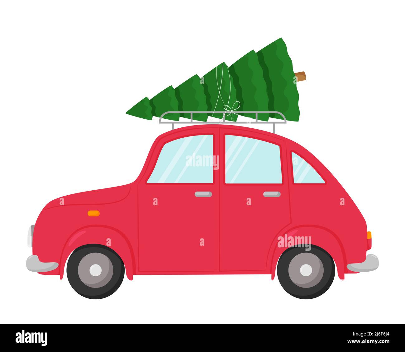 Auto mit einem Weihnachtsbaum auf dem Dach. Darstellung in flachem Stil isoliert auf weißem Hintergrund. Element des neuen Jahres und Weihnachten Design Stock Vektor