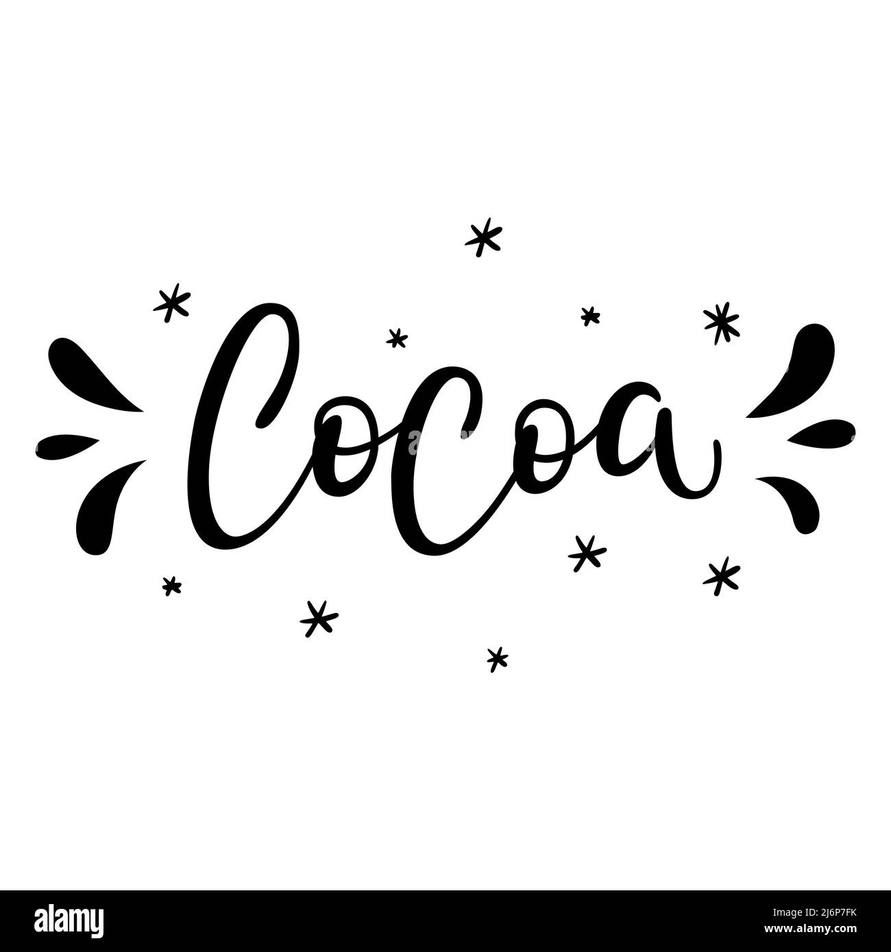 Handschriftzug, eine kalligrafische Schrift mit dem Wort Kakao. Die Buchstaben und das Dekor sind handgezeichnet. Typografische Schwarz-Weiß-Illustration mit den Wörtern iso Stock Vektor