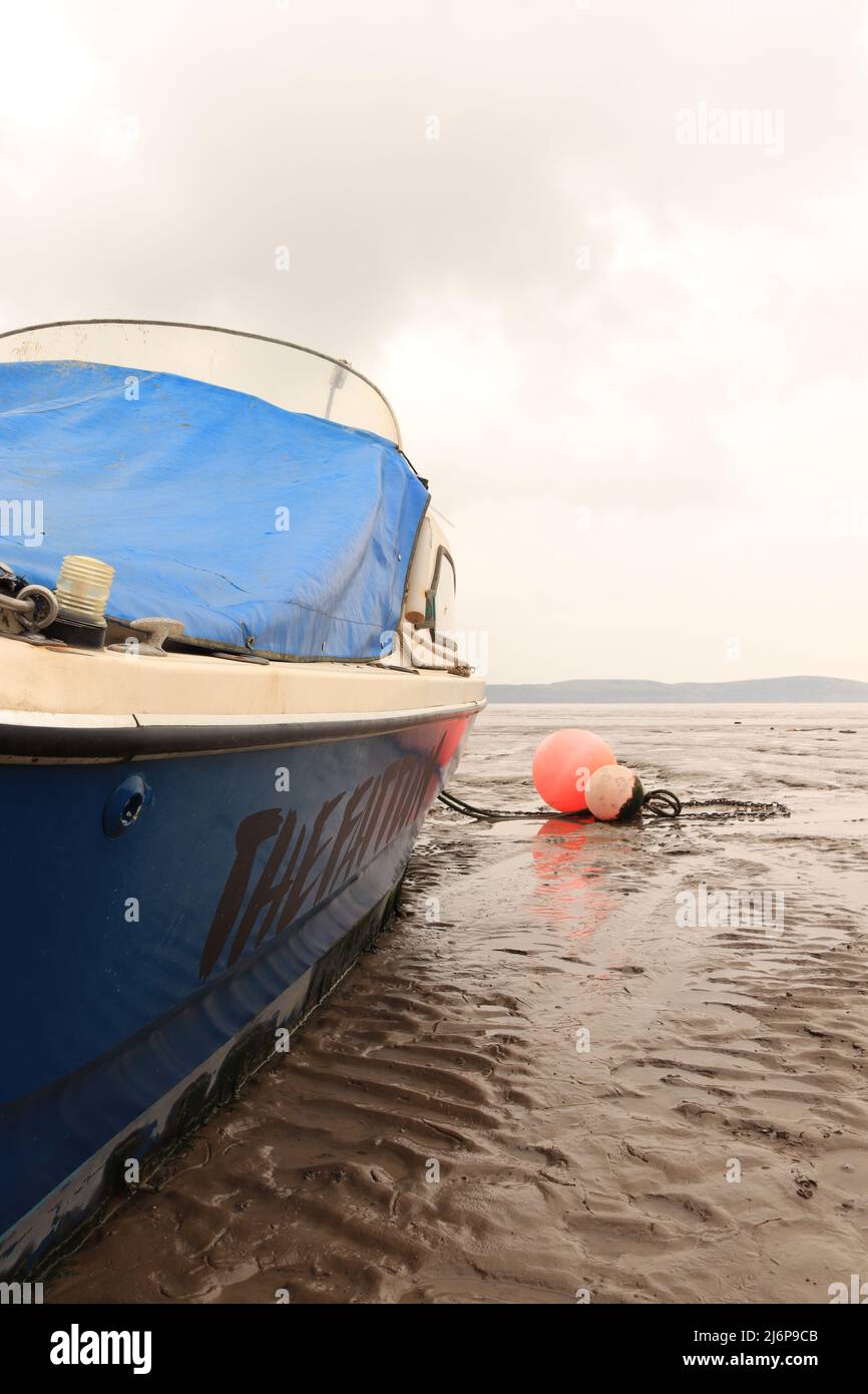 Blaues Boot wartet auf die Rückkehr der Flut Stockfoto