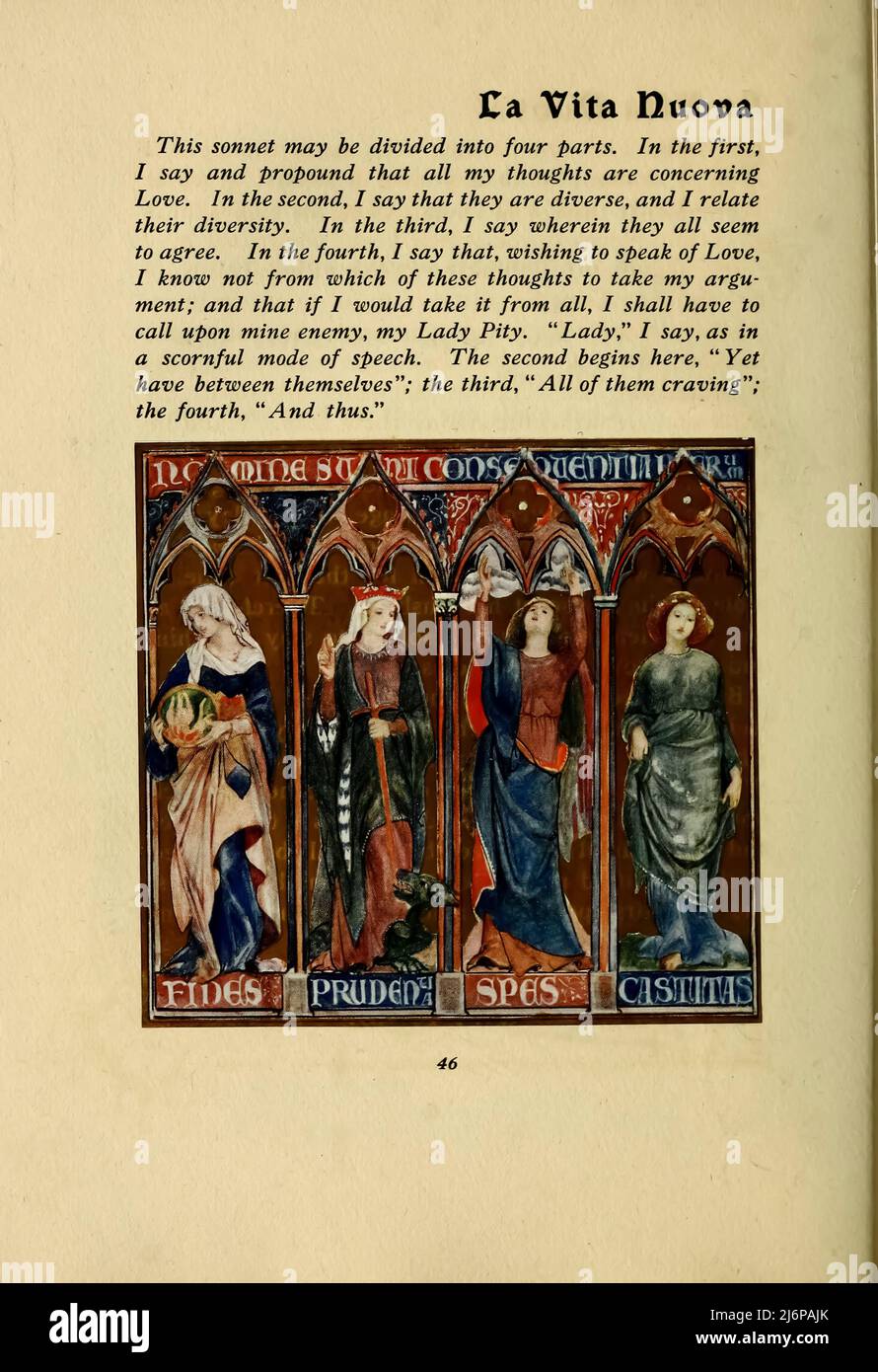 Das neue Leben von Dante Alighieri; von Dante Alighieri, 1265-1321; ins Englische übersetzt von Dante Gabriel Rossetti, 1828-1882; und illustriert von Evelyn Paul, Erscheinungsdatum 1915 Herausgeber Coventry George G. Harrap. La Vita Nuova (das neue Leben) oder Vita Nova (lateinischer Titel) ist ein Text von Dante Alighieri, der 1294 veröffentlicht wurde. Es ist Ausdruck des mittelalterlichen Genres höflicher Liebe im Prosimetrum-Stil, einer Kombination aus Prosa und Vers. Stockfoto