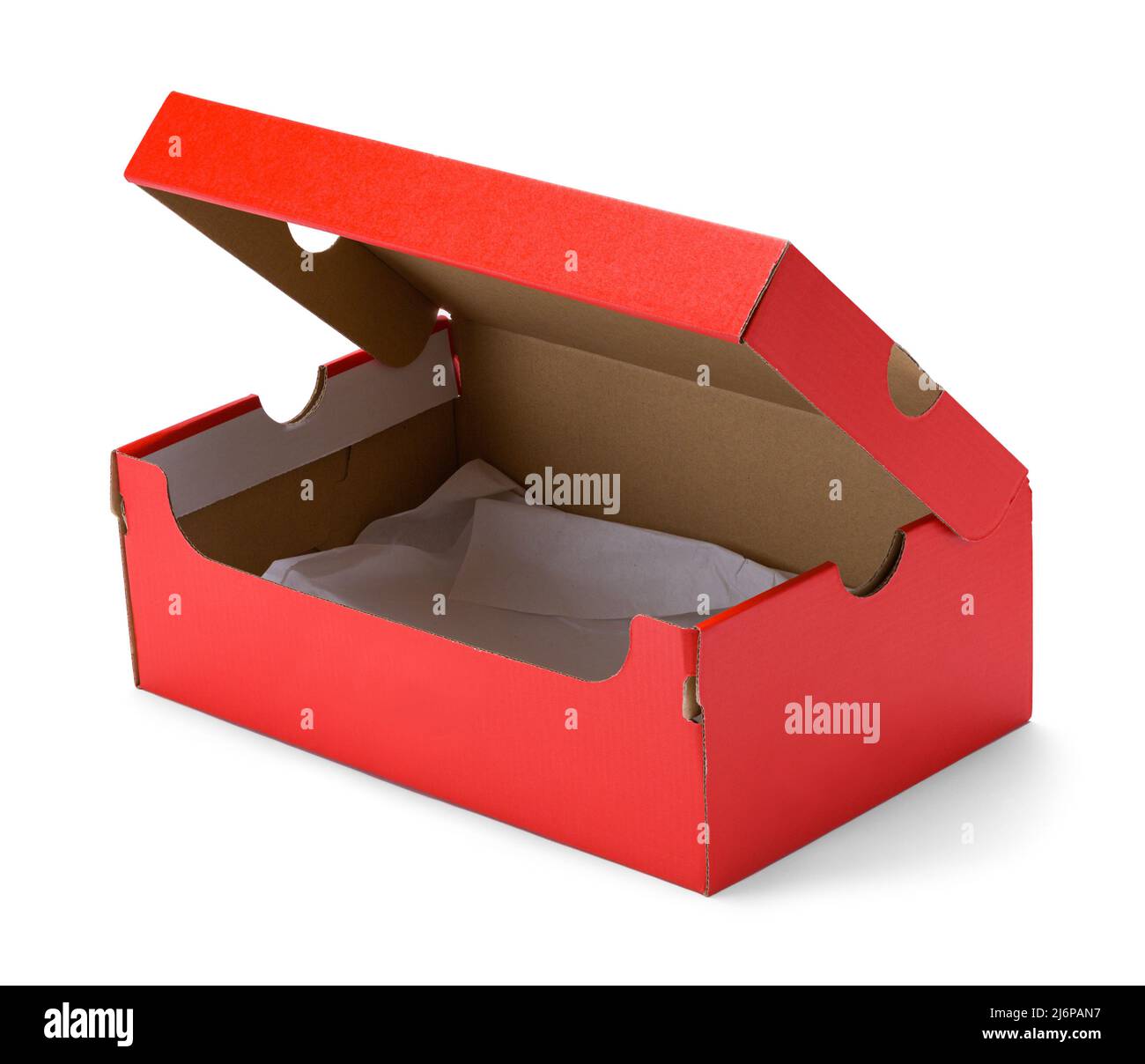 Öffnen Sie die rote Schuhbox, die auf Weiß geschnitten ist. Stockfoto