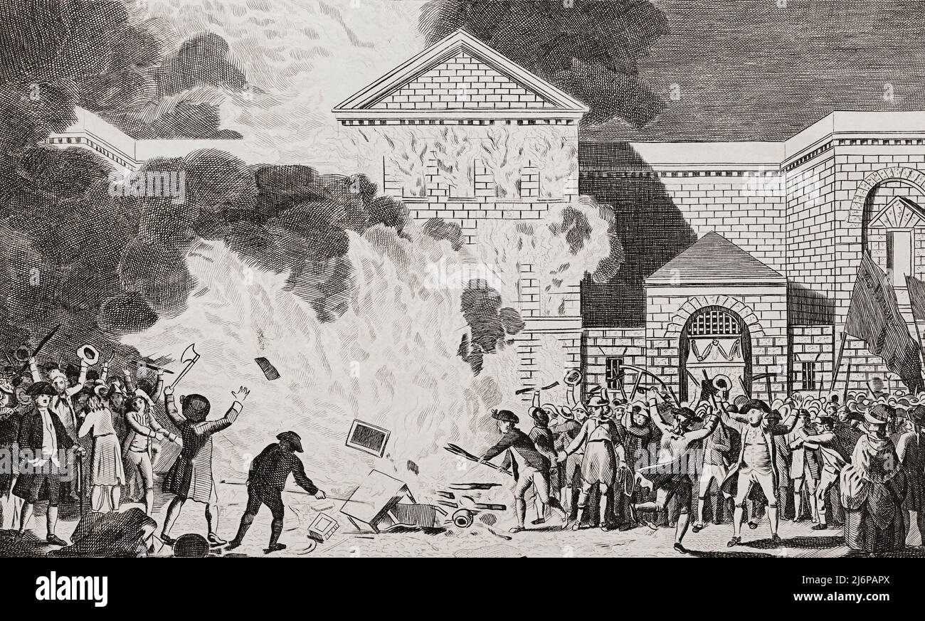 Die Teilnehmer der Gordon Riots im Juni 1780, angetrieben von antikatholischer Feindseligkeit, greifen Londons Newgate-Gefängnis an. Nach einem Stich aus der Neuen, unparteiischen und vollständigen Geschichte Englands von Edward Barnard, veröffentlicht in London 1783. Stockfoto