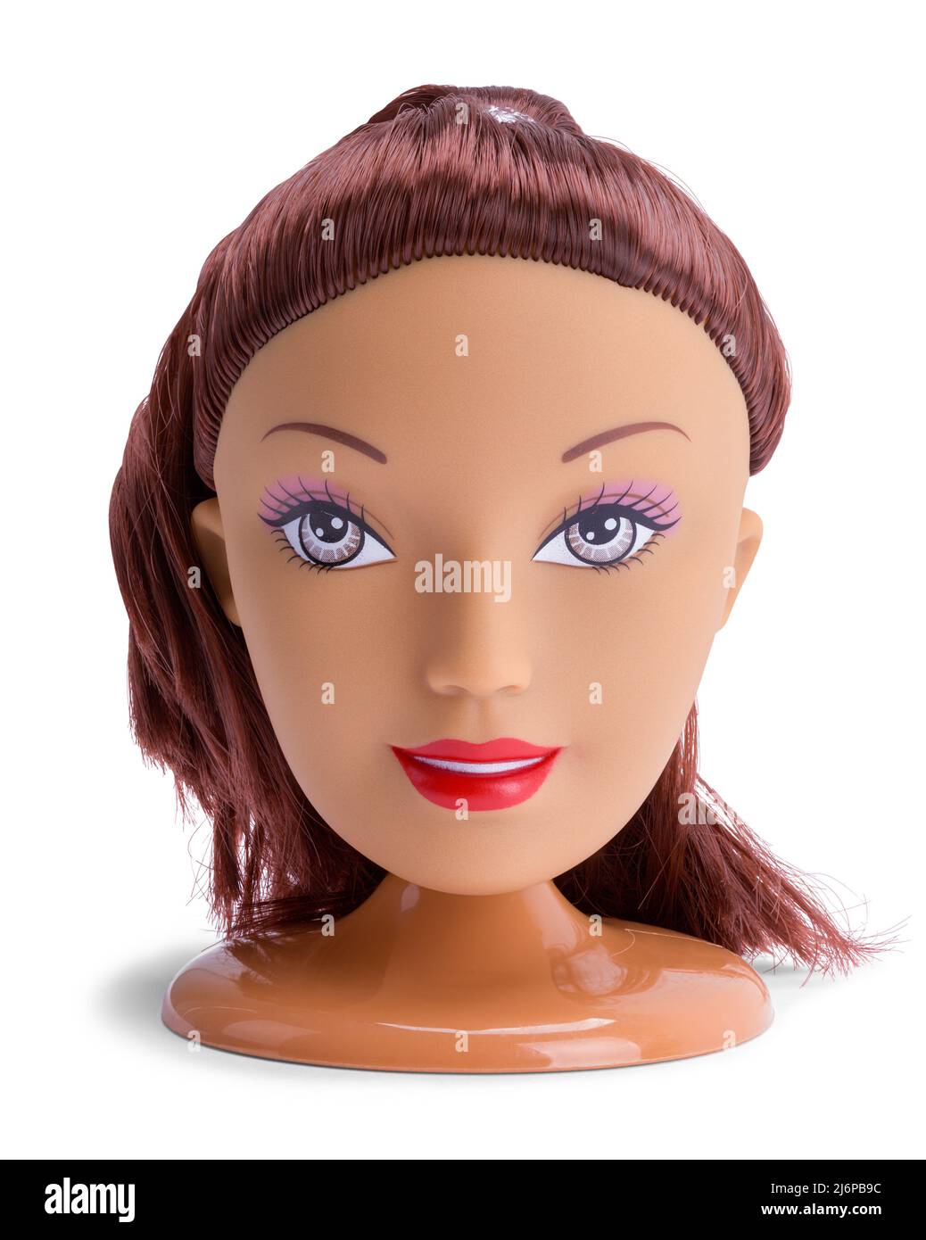 Puppe Kopf Gesicht Spielzeug auf Weiß ausgeschnitten. Stockfoto