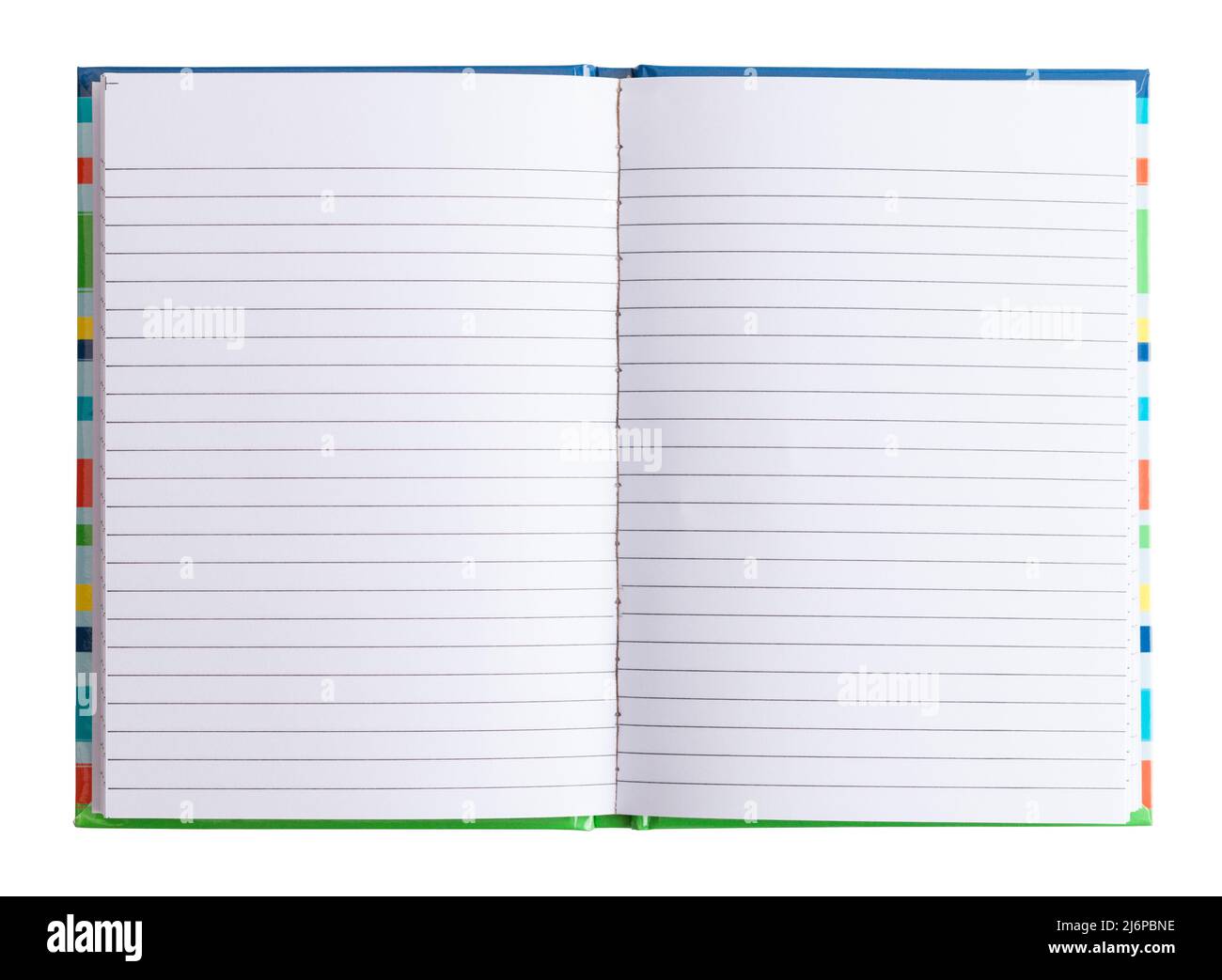 Notizbuch mit weißen, blank linierten Papierseiten öffnen. Stockfoto