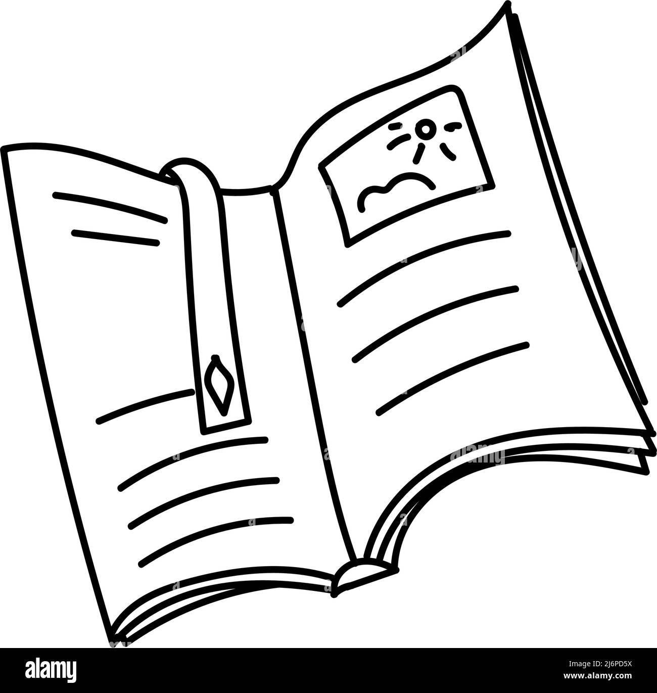 Offenes Buch, handgezeichnet im Skizzenstil. Lesen. Ein Buch mit Bildern und einem Lesezeichen. Einfache Vektordarstellung Stock Vektor