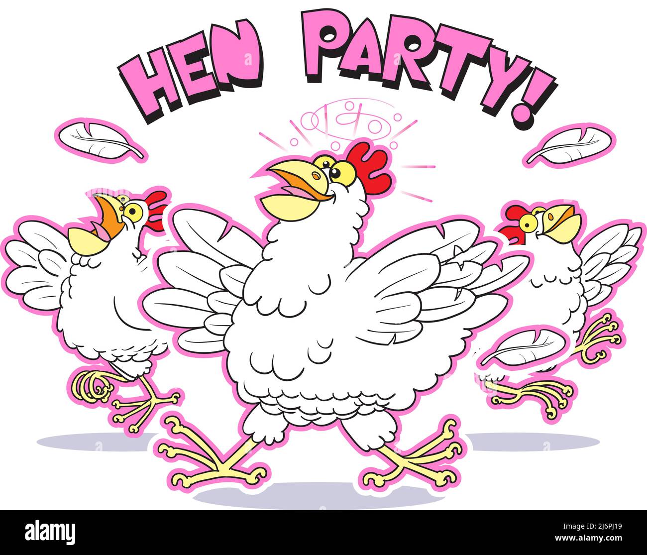 Lustige Cartoon-Kunst der tanzenden Hennen mit den Worten Hen Party! Geeignet für Partyeinladungen, Grußkarten, Editorial, Home-Banner, Poster, Drucken zu Hause. Stockfoto