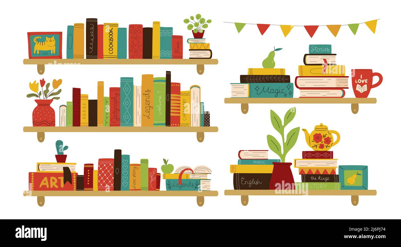 Bücherregale im Innenbereich. Heimatbibliothek. Färben Sie Zeilen und Stapel mit unterschiedlichen Titeln. Poesie, Prosa und Romane. Details zu den Zimmerwänden. Wörterbücher und Stock Vektor