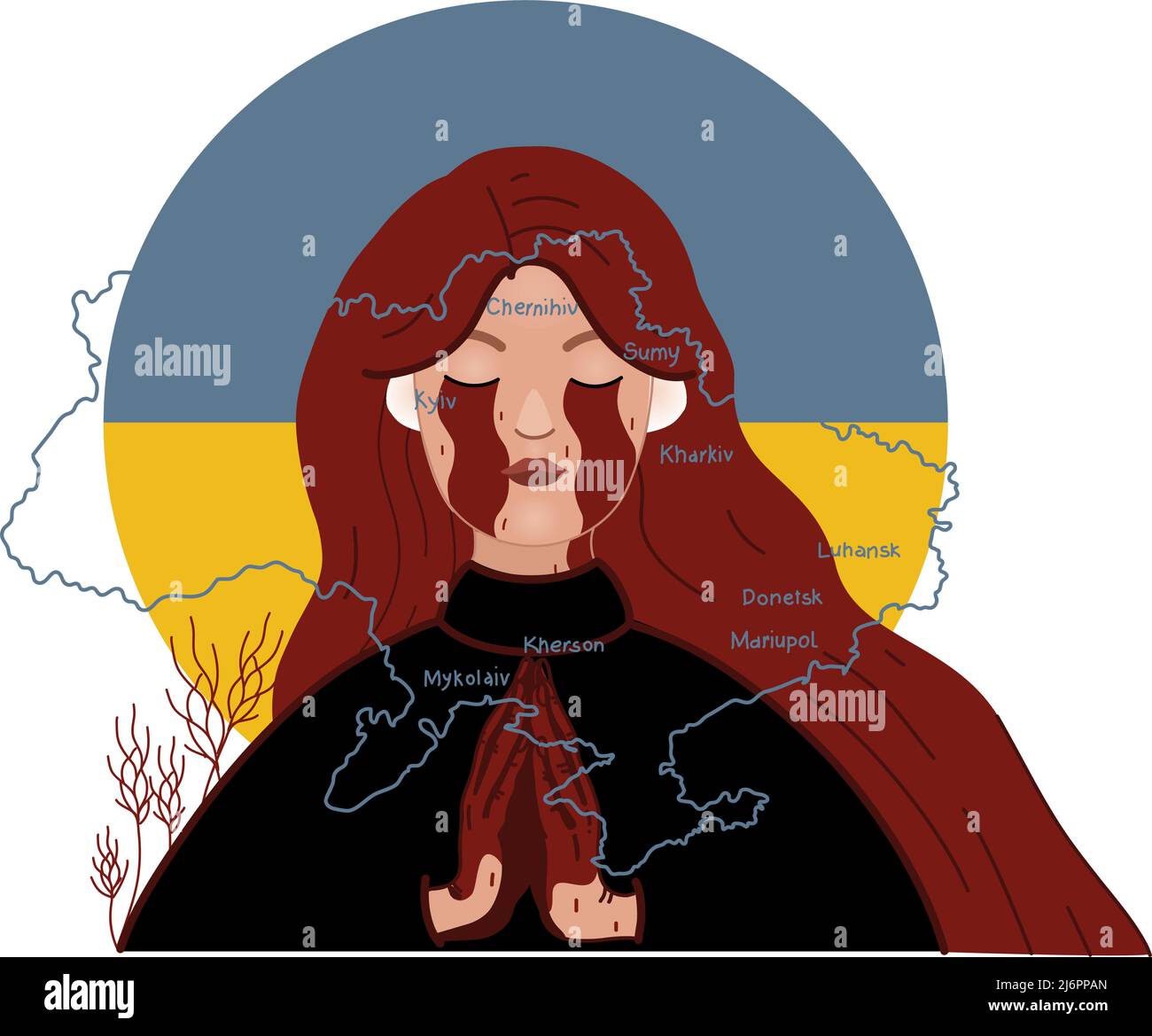 Illustration der weinenden ukrainischen Frau, die mit geschlossenen Augen in der Nähe der Landkarte des Landes betet, Stockillustration Stock Vektor