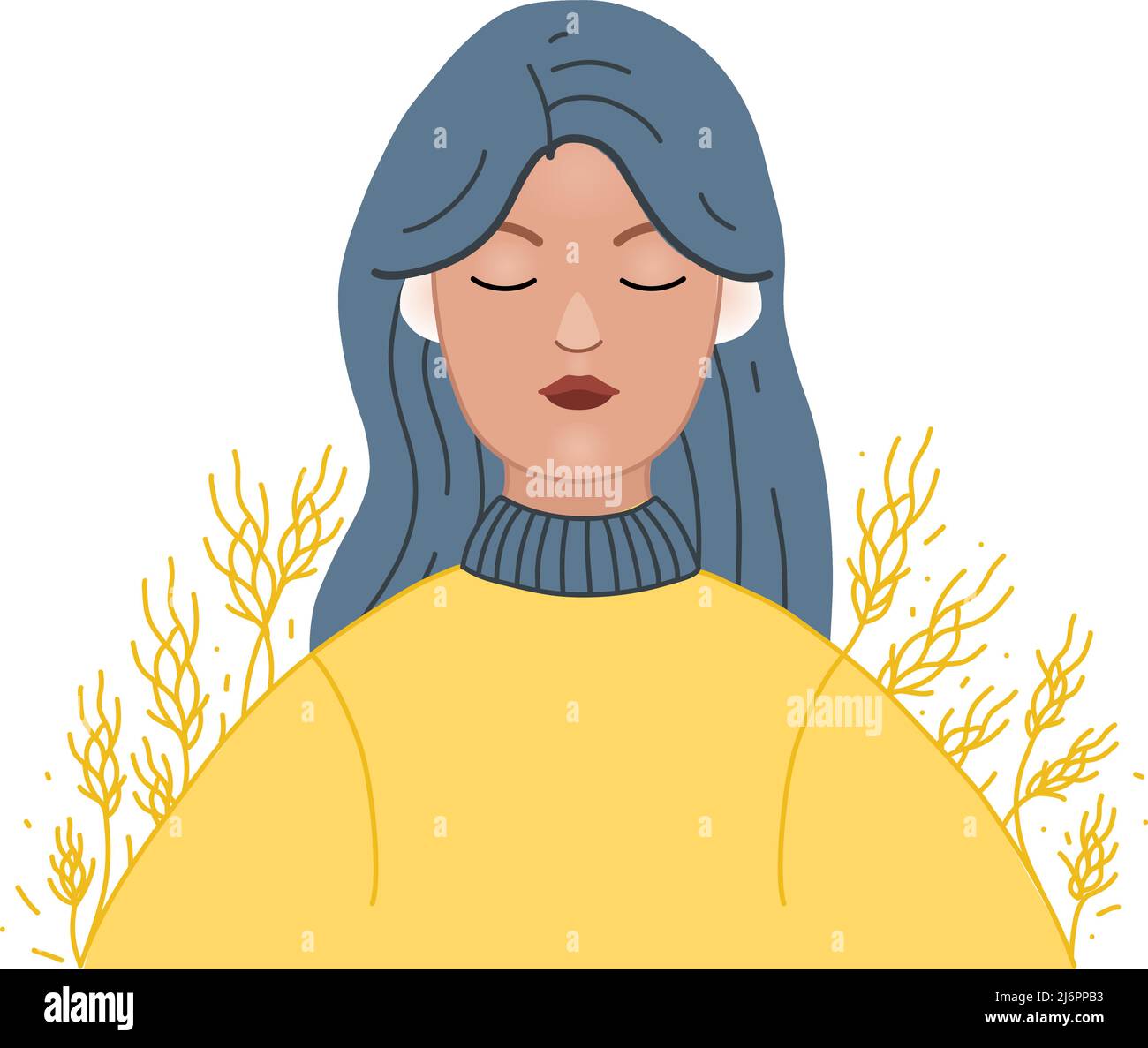 Illustration der ukrainischen Frau in gelben Pullover mit geschlossenen Augen auf weiß, Stock Illustration Stock Vektor