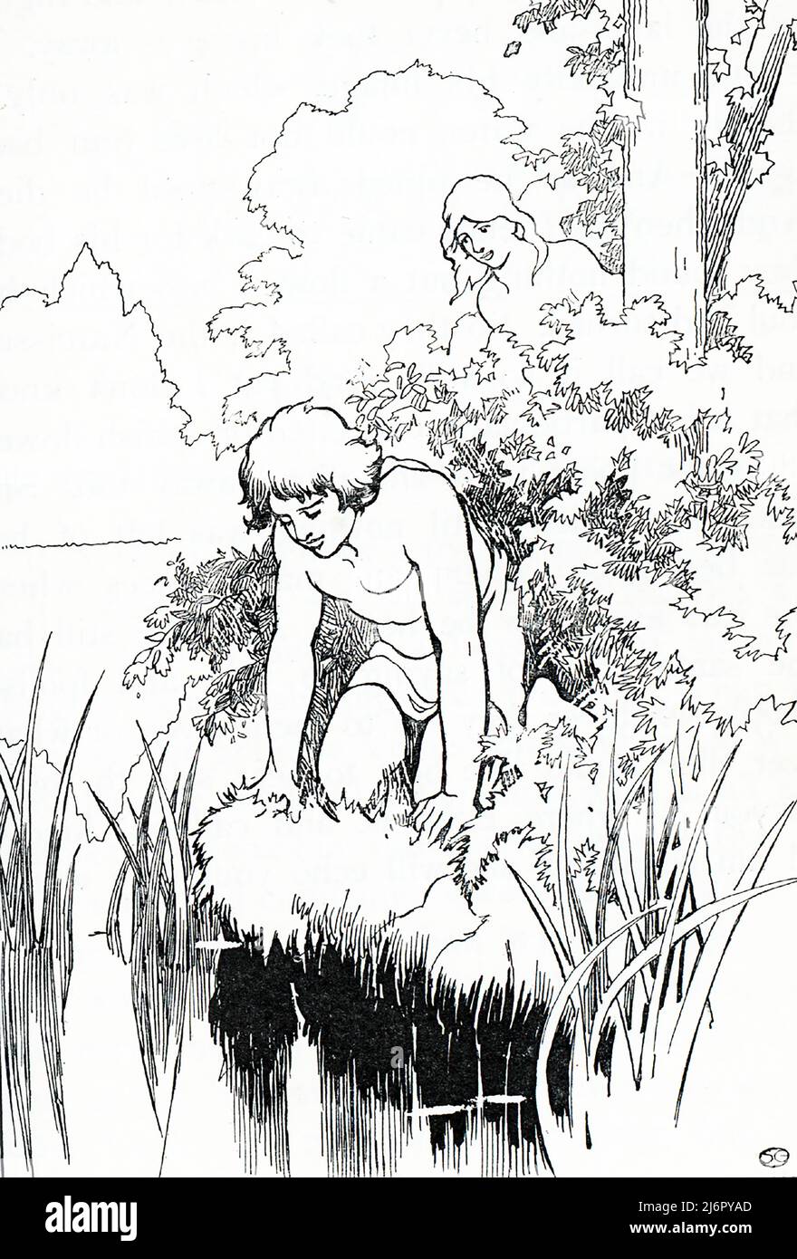 In der griechischen Mythologie war Echo eine Nymphe, die Hera bestrafte, indem sie es ihr unmöglich machte, zuerst zu sprechen oder zu schweigen, wenn jemand anderes sprach. Sie verliebte sich in Narcissus, nach dem sie sich verliebte, bis nur noch ihre Stimme übrig war – daher die Ableitung des Wortes 'Echo'. Apollo bestrafte Narcissus dafür, dass er Echo verwies, indem er sich in sich selbst verliebte, als er seine Reflexion im Wasser eines Brunnens sah. Stockfoto