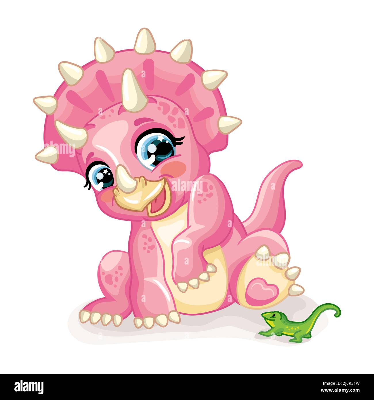 Glückliches Baby Triceratops Dinosaurier von der Eidechse überrascht. Niedliche Zeichentrickfigur. Vektor-isolierte Illustration. Für Druck, Design, Werbung, Karten Stock Vektor