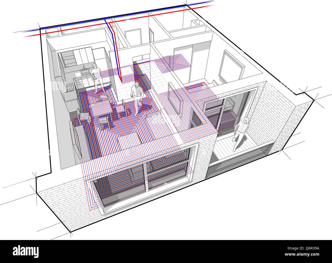 Perspektivische Cutaway-Diagramm einer Wohnung mit einem Schlafzimmer komplett mit Warmwasser-Fußbodenheizung und Zentralheizung Rohre ausgestattet Stockfoto