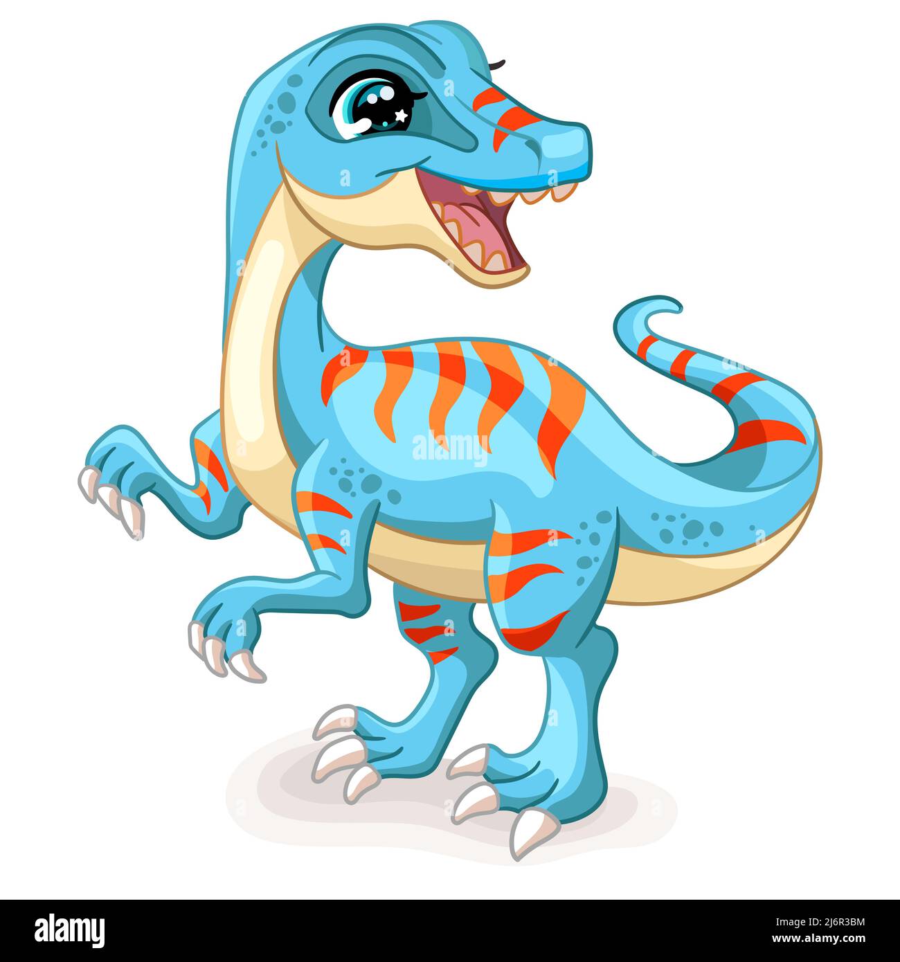 Happy Dinosaurier blau Velociraptor. Niedliche Zeichentrickfigur. Vektor-isolierte Illustration. Für Druck, Design, Werbung, Karten, Schreibwaren, t-Shirt, T-Shirt Stock Vektor