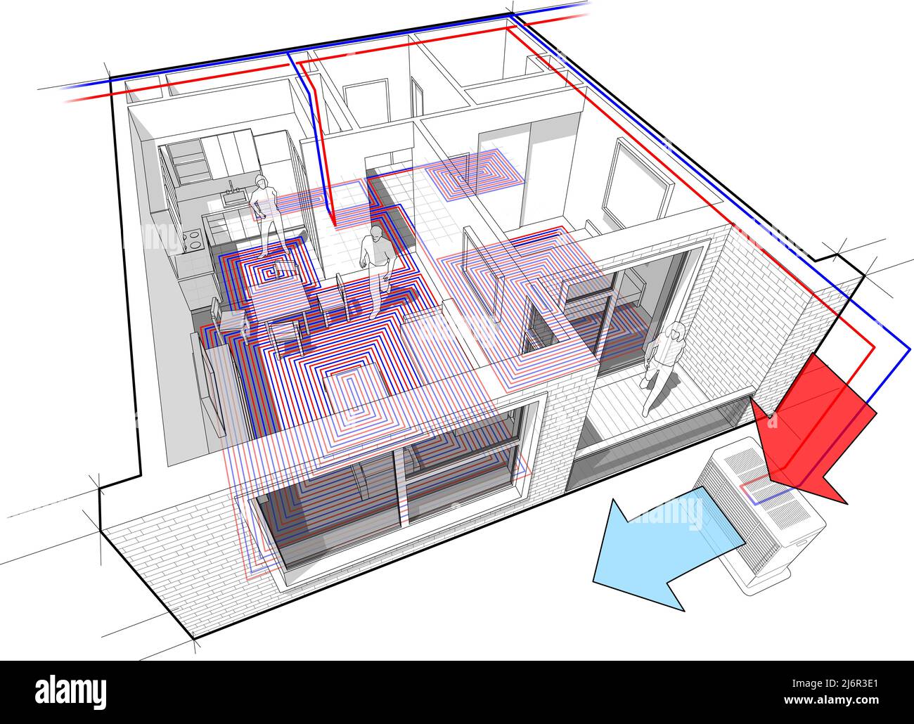 Wohnung komplett eingerichtet mit Warmwasser-Fußbodenheizung und Luftquelle Wärmepumpe mit Zentralheizung als Quelle für Heizenergie Stockfoto