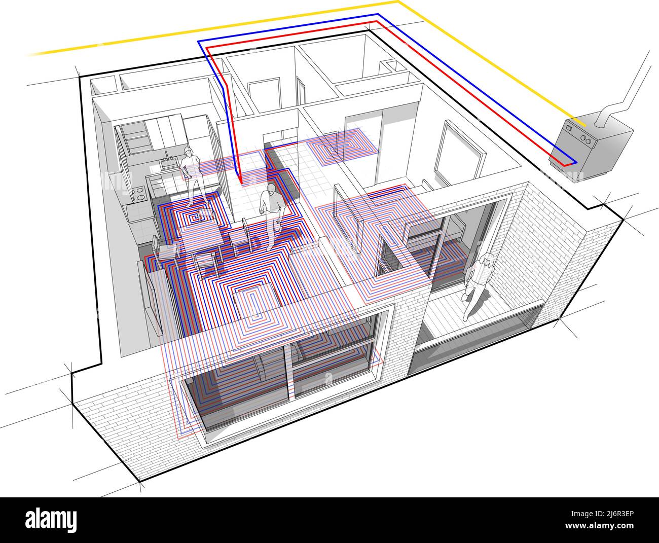Wohnung komplett mit Warmwasser-Fußbodenheizung und Gas-Wasserkocher als Energiequelle für die Heizung ausgestattet Stockfoto