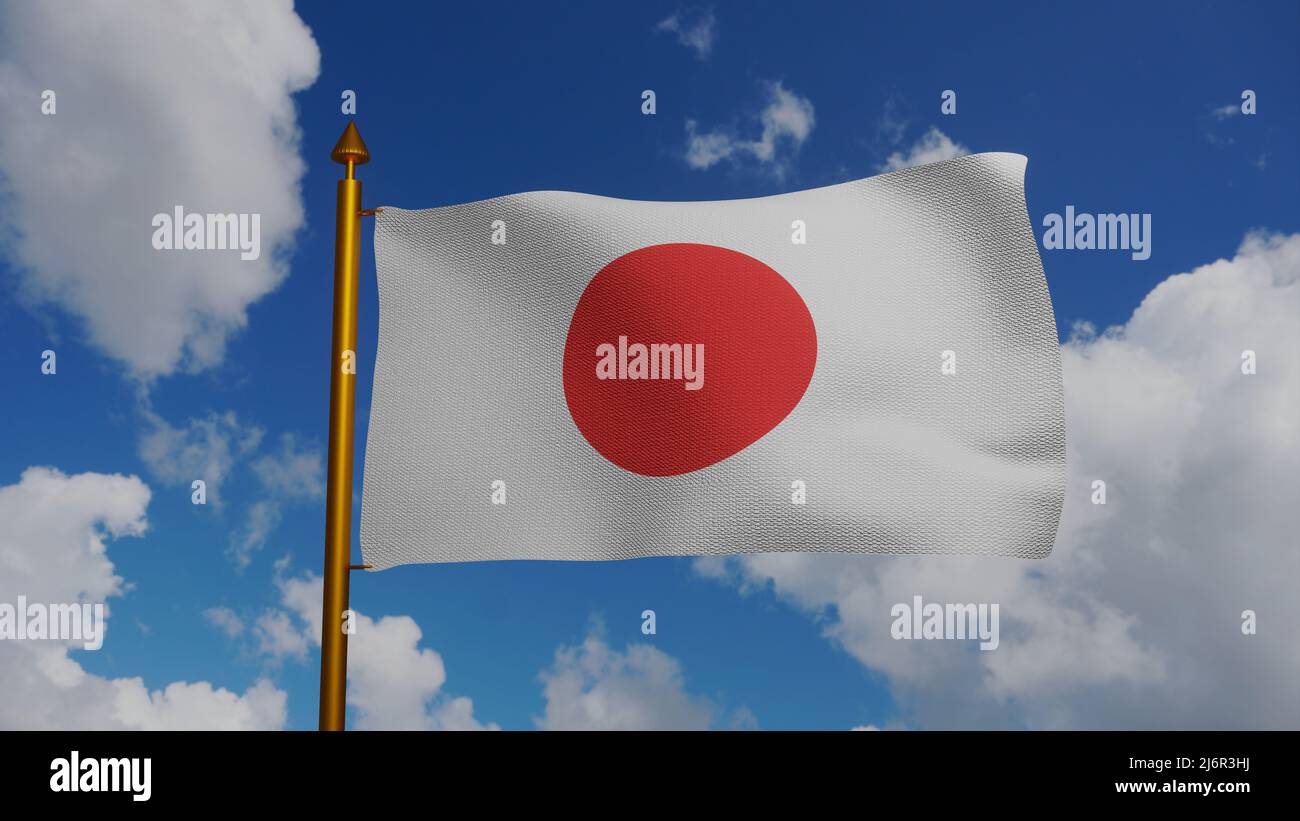 Nationalflagge Japans winkt 3D Render mit Fahnenmast und blauem Himmel, Nishoki japan Flagge der Sonne oder Hinomaru, Land der aufgehenden Sonne, japanische Flagge Stockfoto