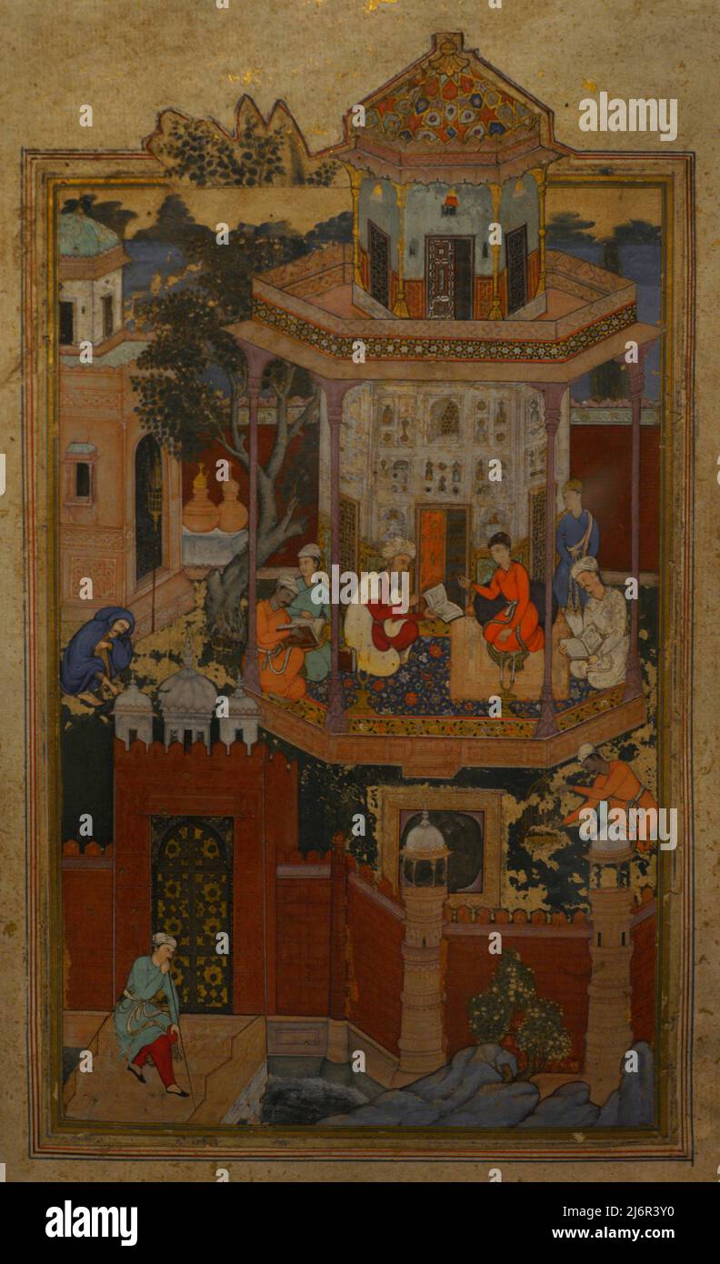 Miniatur, die eine höfische Szene darstellt, 16.-17. Jahrhunderte. Mughal Periode (1526-1761). Indien. Undurchsichtige Aquarelle, Tinte und Gold auf Papier. Calouste Gulbenkian Museum. Lissabon, Portugal. Stockfoto