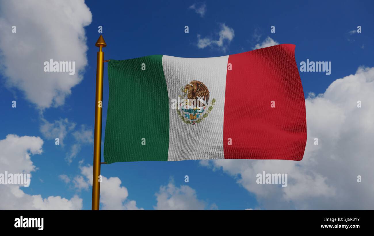 Flagge Mexikos winkt 3D Render mit Fahnenmast und blauem Himmel, Textil der Flagge der Vereinigten Mexikanischen Staaten von Agustin Iturbide, Francisco Eppens Helguera Stockfoto
