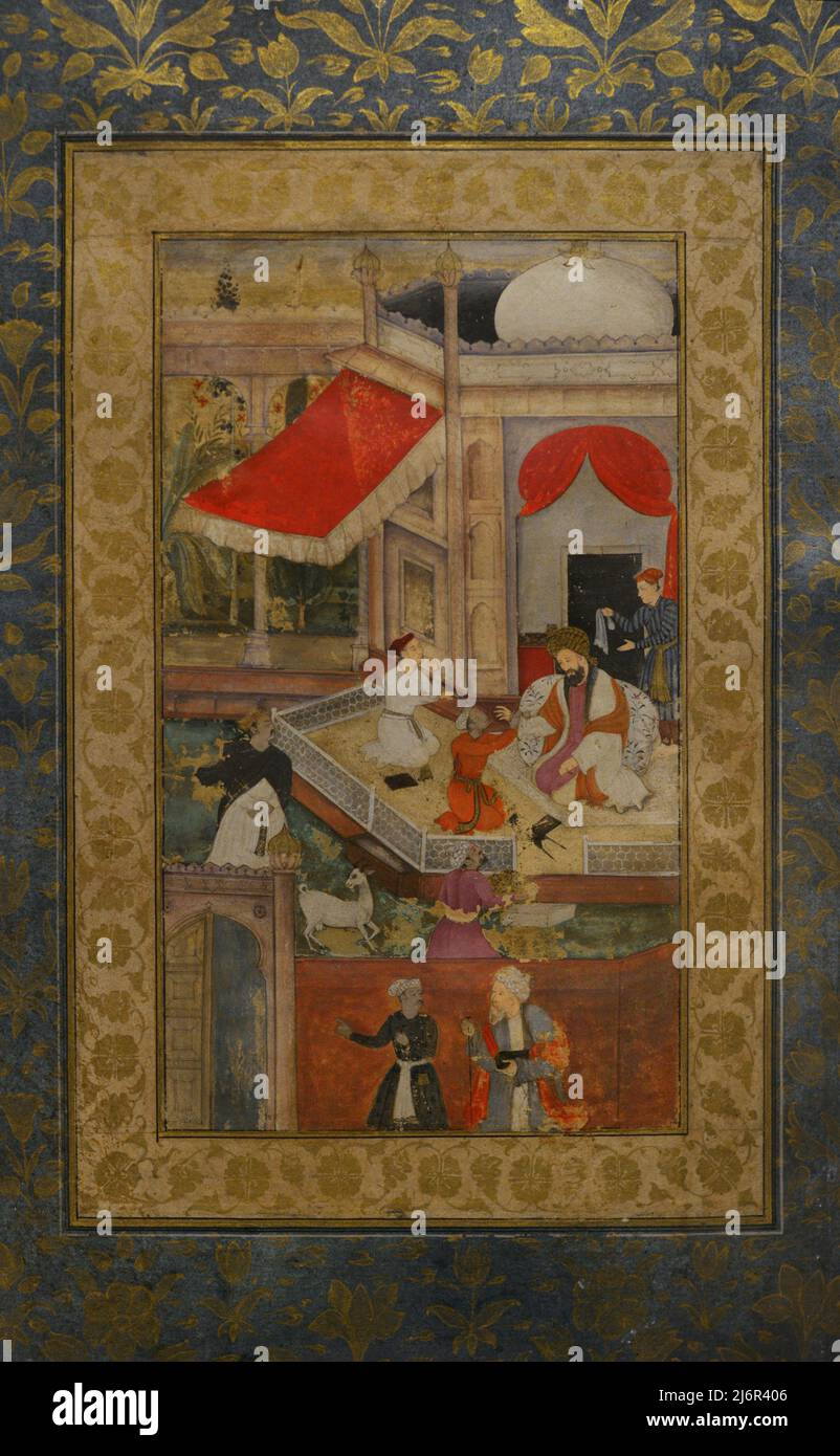 Miniatur, die eine höfische Szene darstellt, 16.-17. Jahrhunderte. Mughal Periode (1526-1761). Indien. Undurchsichtige Aquarelle, Tinte und Gold auf Papier. Calouste Gulbenkian Museum. Lissabon, Portugal. Stockfoto