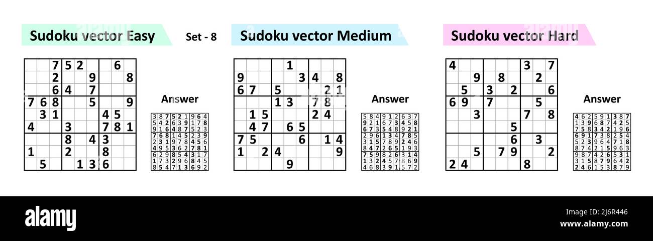 Sammlung Sudoku Spiel mit Antworten. Unterschiedliche Komplexität. Stock Vektor