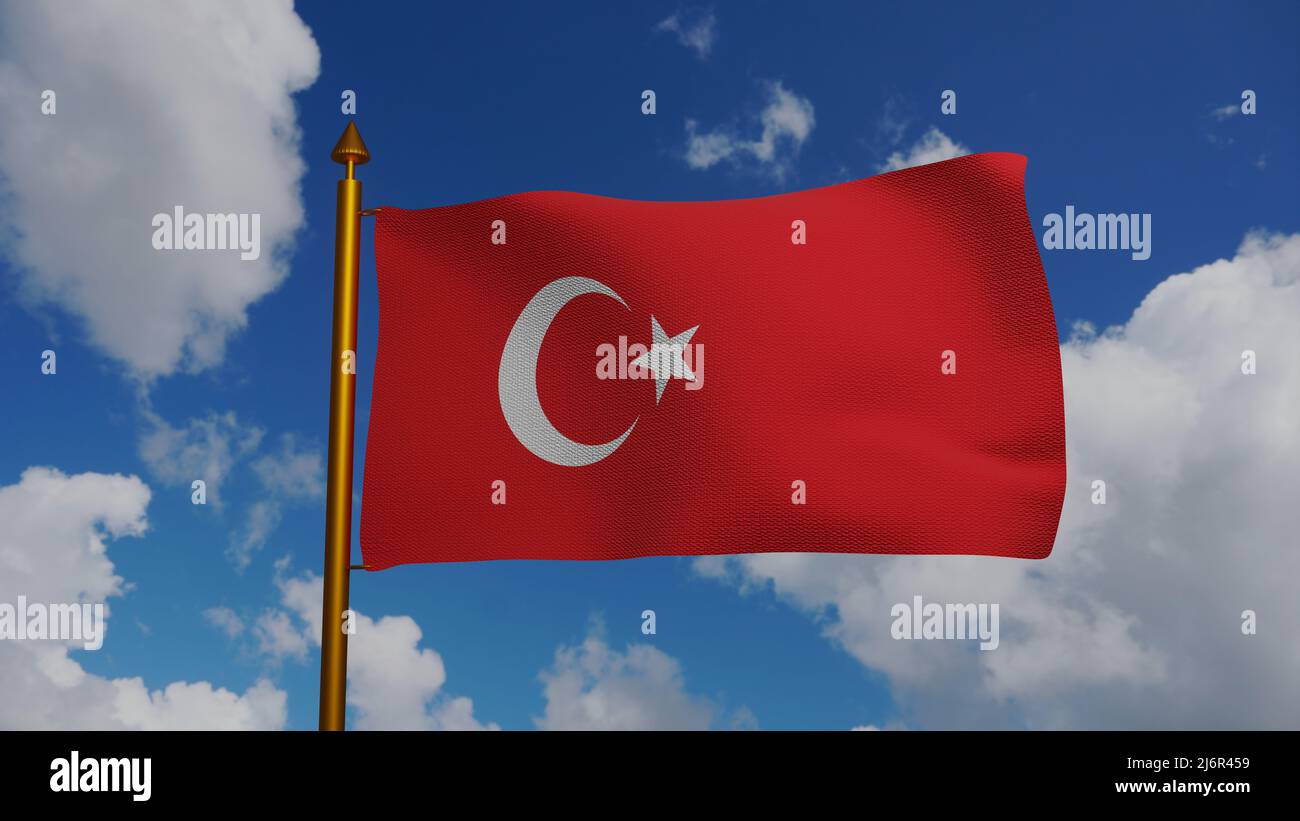 Nationalflagge der Türkei winkt 3D Render mit Fahnenmast und blauem Himmel, türkische Flaggen mit Stern und Halbmond, al bayrak oder als al Sancak Stockfoto