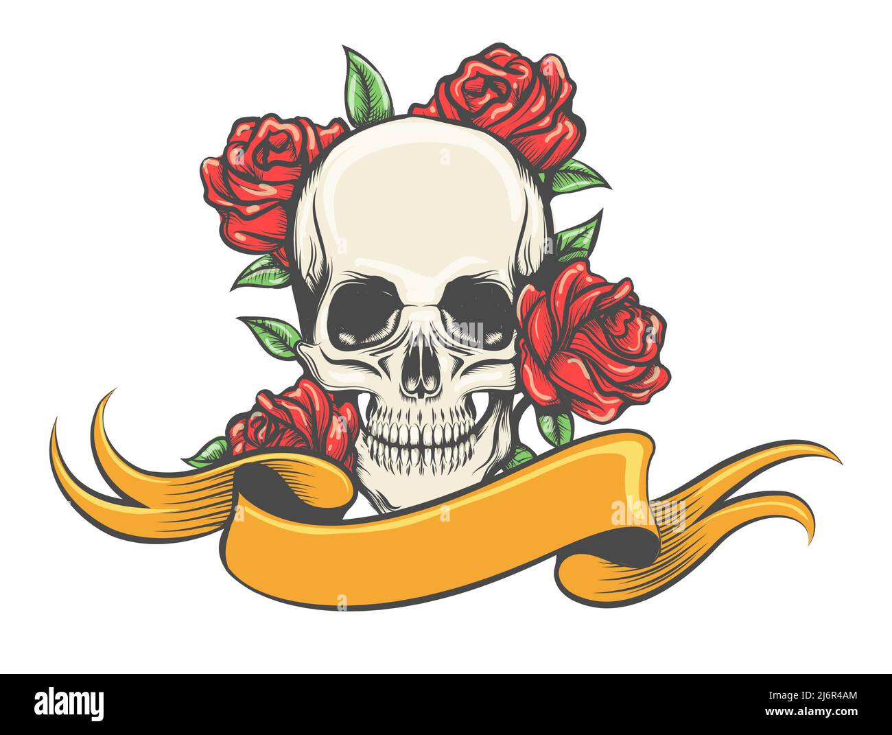 Tattoo of Skull mit Rosen und Banner gezeichnet in Gravur Stil isoliert auf weiß. Vektorgrafik. Stock Vektor
