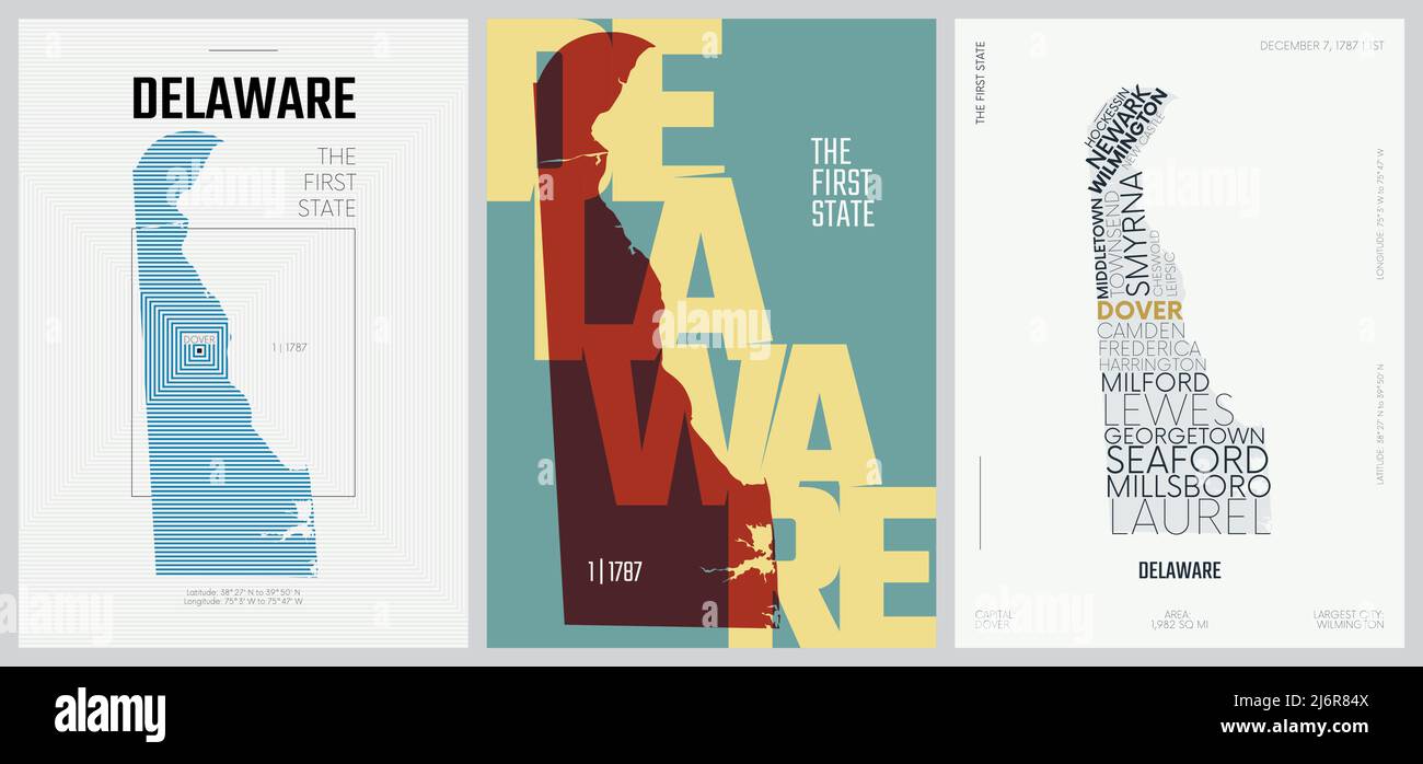 1 von 50 Sets, US State Poster mit Namen und Informationen in 3 Design Styles, detaillierter Vektorgrafik Delaware Karte Stock Vektor