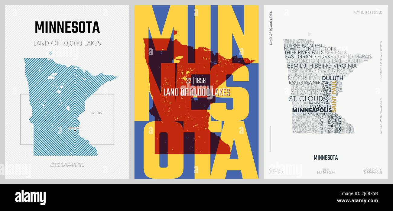 32 von 50 Sets, US State Poster mit Namen und Informationen in 3 Design Styles, detaillierter Vektorgrafik Minnesota Karte Stock Vektor