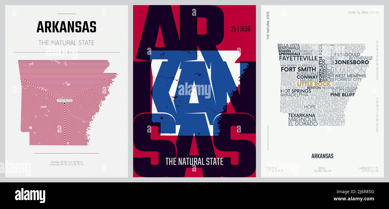 25 von 50 Sets, US State Poster mit Namen und Informationen in 3 Design Styles, detaillierter Vektorgrafik Arkansas Karte Stock Vektor