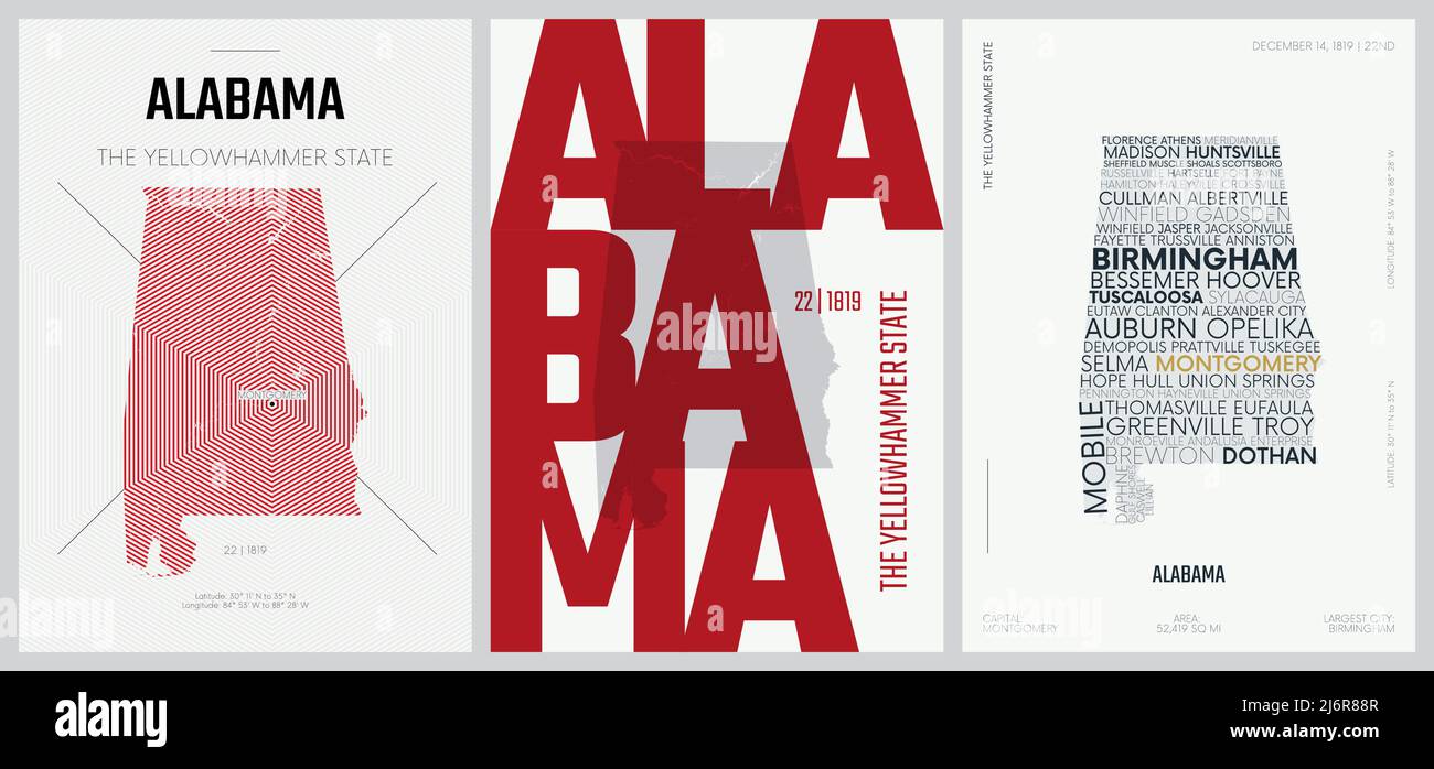 22 von 50 Sets, US State Poster mit Namen und Informationen in 3 Design Styles, detaillierter Vektorgrafik Alabama Karte Stock Vektor