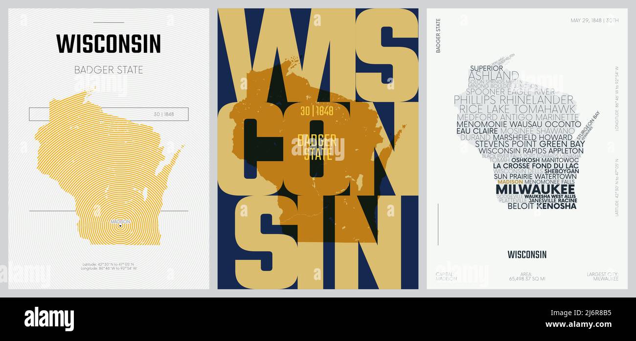 30 von 50 Sets, US State Poster mit Namen und Informationen in 3 Design Styles, detaillierter Vektorgrafik Wisconsin Karte Stock Vektor
