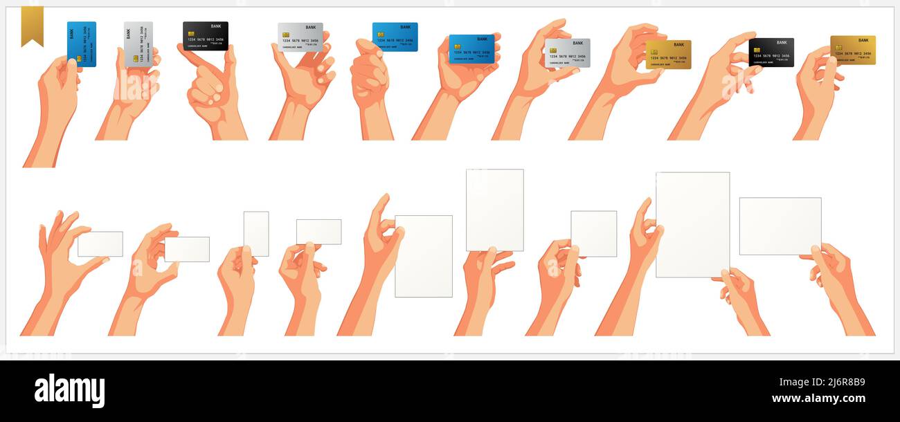 Satz von realistischen menschlichen Händen, Gesten und Bewegung mit Bankkarten, Visitenkarte und Papier Blätter isoliert Vektor-Illustrationen weißen Hintergrund Stock Vektor
