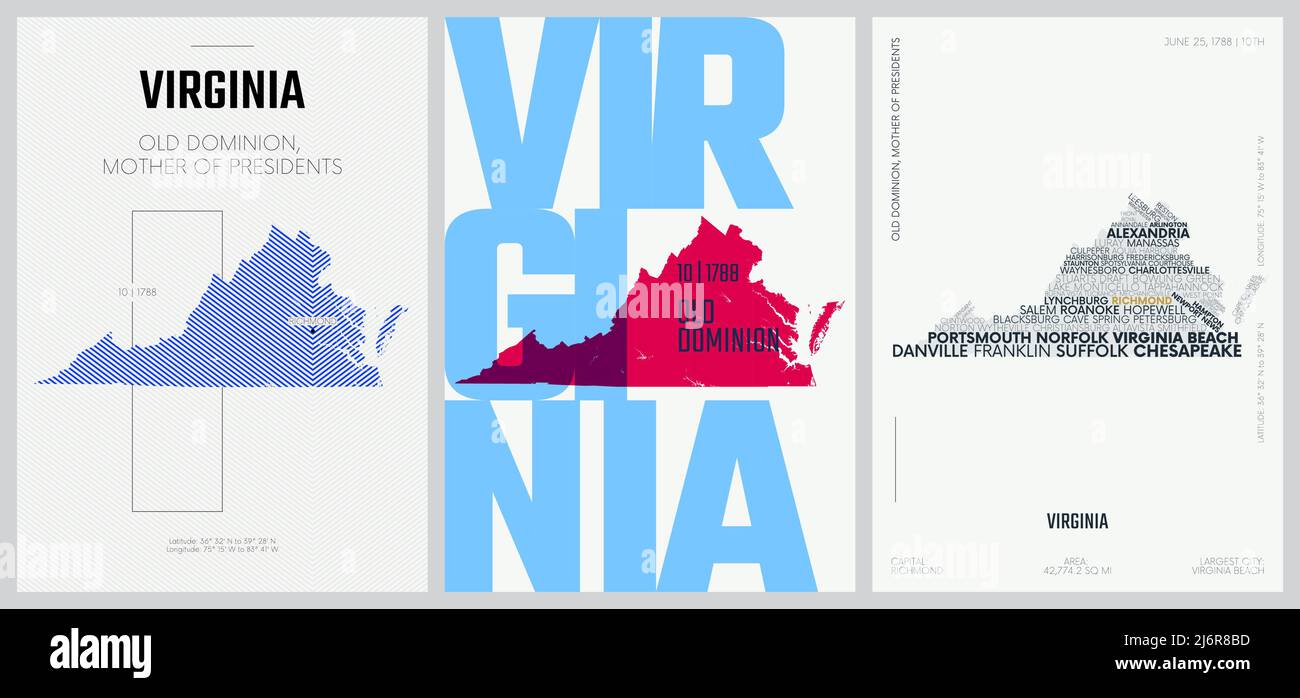 10 von 50 Sets, US State Poster mit Namen und Informationen in 3 Design Styles, detaillierter Vektorgrafik Virginia map Stock Vektor