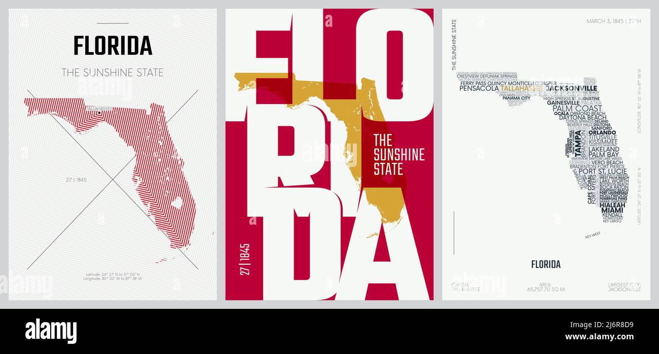 27 von 50 Sets, US State Poster mit Namen und Informationen in 3 Design Styles, detaillierter Vektorgrafik Florida Karte Stock Vektor