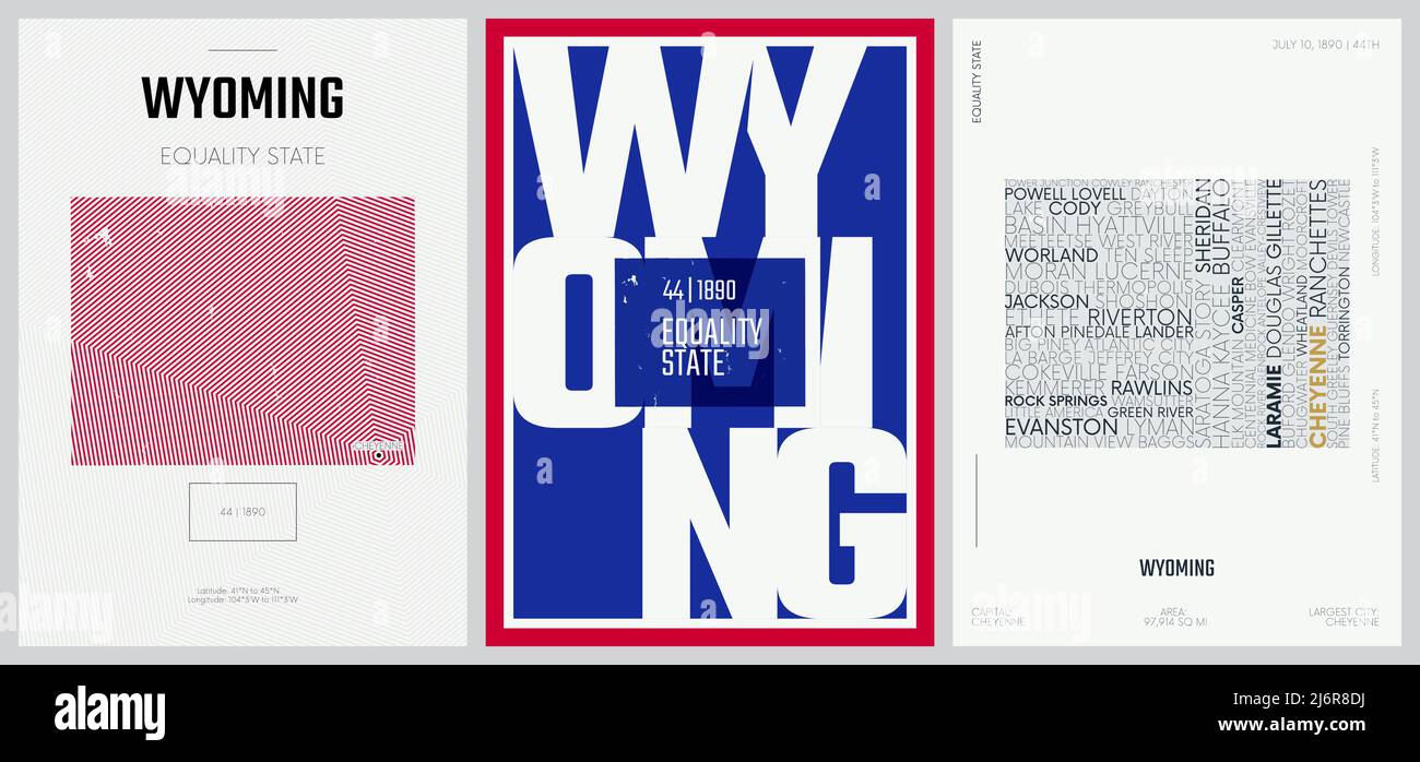 44 von 50 Sets, US State Poster mit Namen und Informationen in 3 Design Styles, detaillierter Vektorgrafik Wyoming Karte Stock Vektor