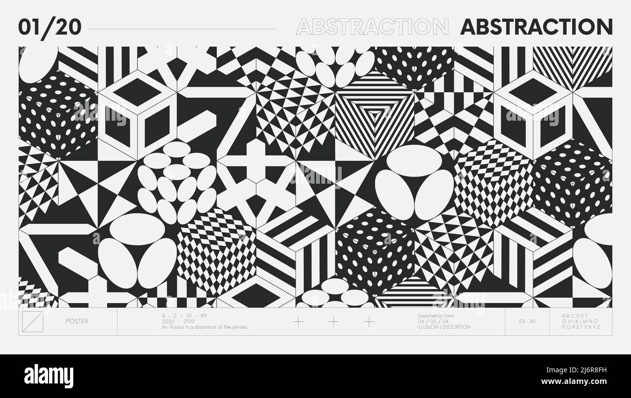 Abstraktes modernes geometrisches Banner mit einfachen Formen in schwarz-weißen Farben, grafische Komposition Design Vektor Hintergrund, 3D Würfel mit verschiedenen p Stock Vektor