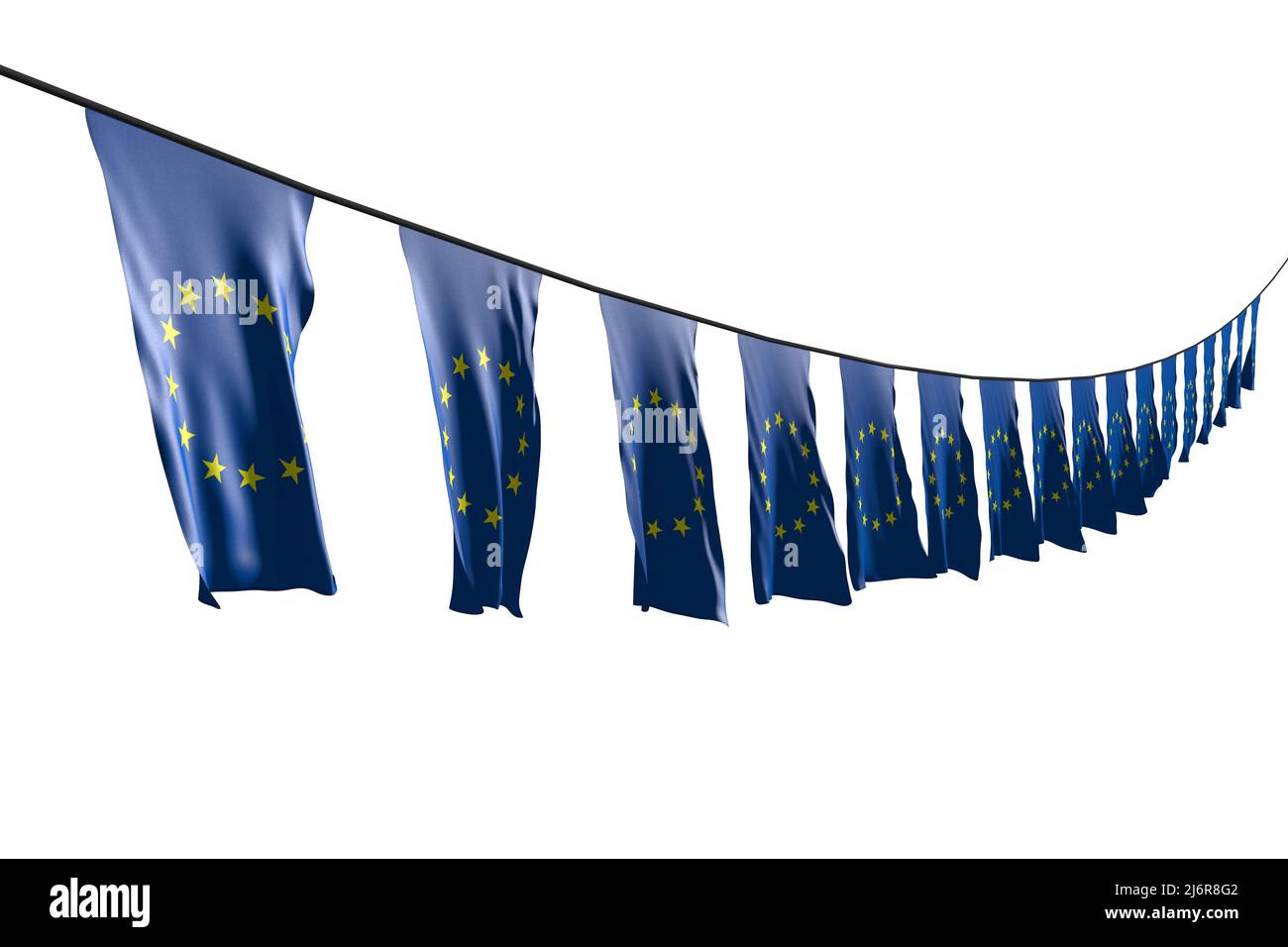 Schöne Festflagge 3D Illustration - viele Flaggen oder Banner der Europäischen Union hängen diagonal mit perspektivischer Ansicht auf Schnur isoliert auf Weiß Stockfoto