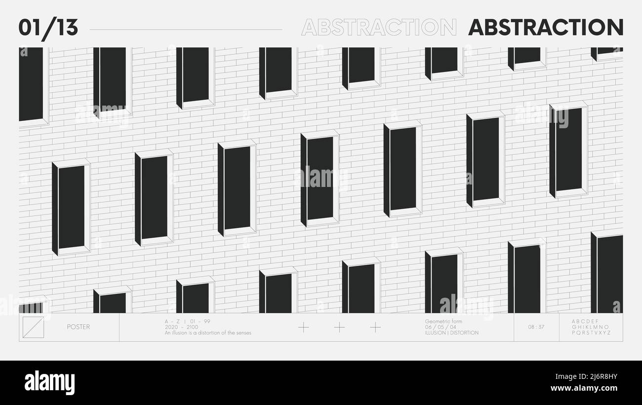 Abstraktes modernes geometrisches Banner mit einfachen Formen in schwarz-weißen Farben, grafische Komposition Design Vektor Hintergrund, Fenster und Ziegel Detail Stock Vektor