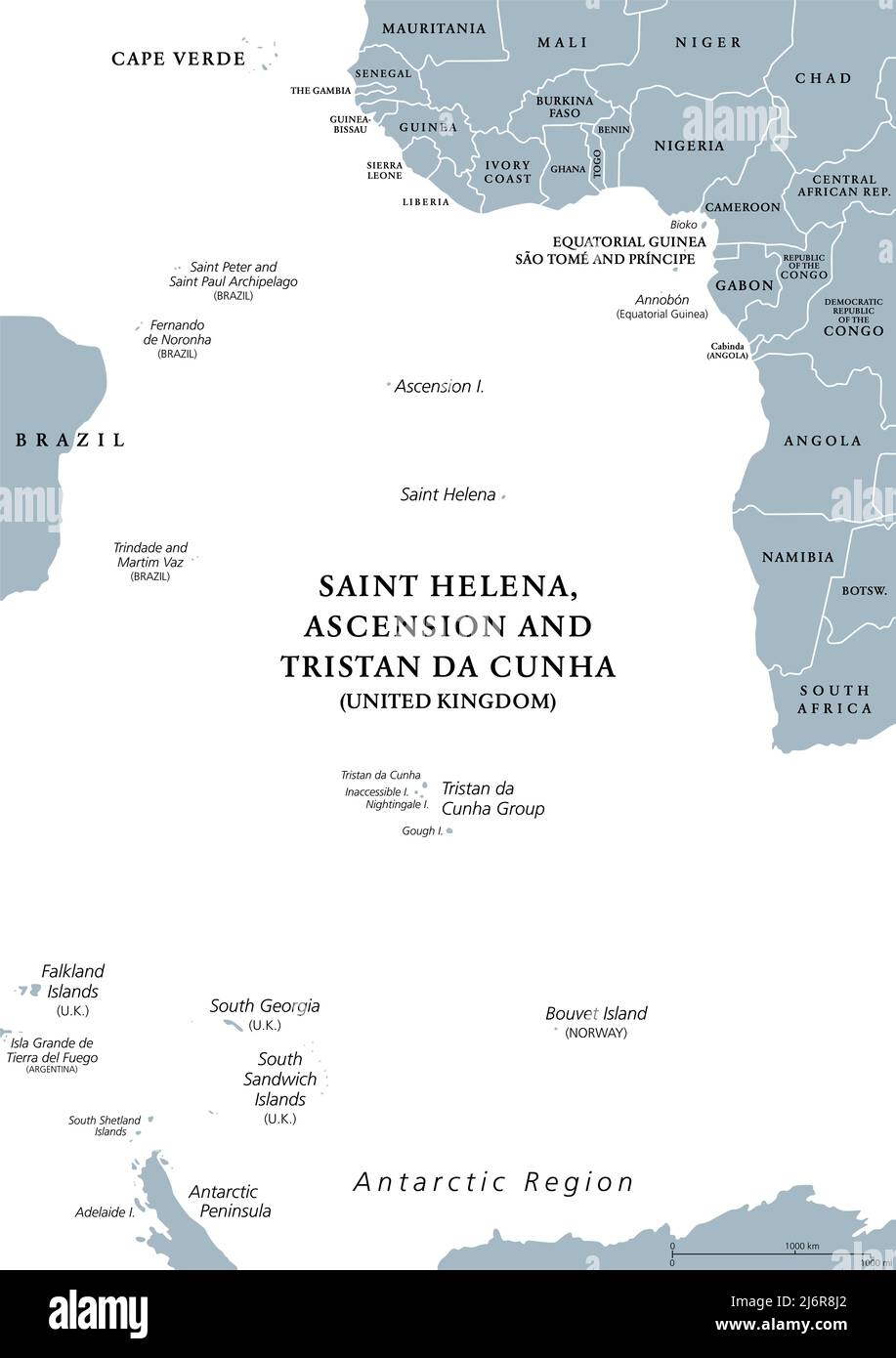 Graue politische Landkarte der Südatlantischen Inseln. Inseln und Inselgruppen zwischen Afrika und Brasilien, Kap Verde und der Antarktis. Stockfoto